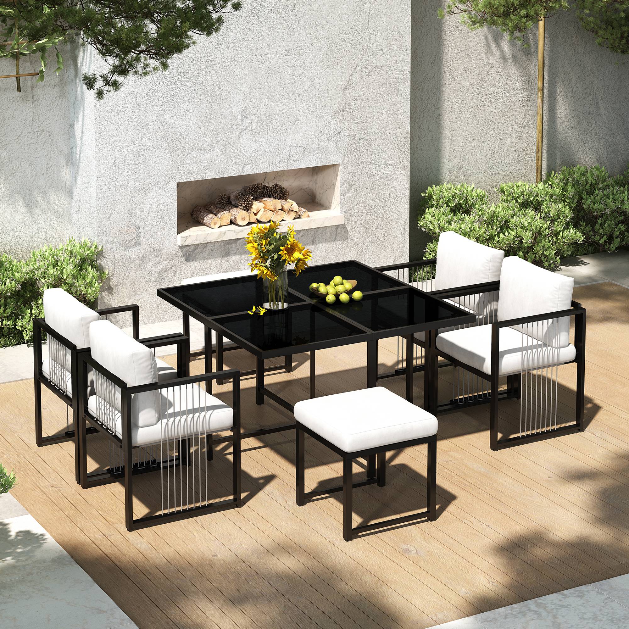 Ensemble Table et Chaise de Jardin avec Table 4 Fauteuils et 2 Poufs Tissu Noir et Blanc - Image 2