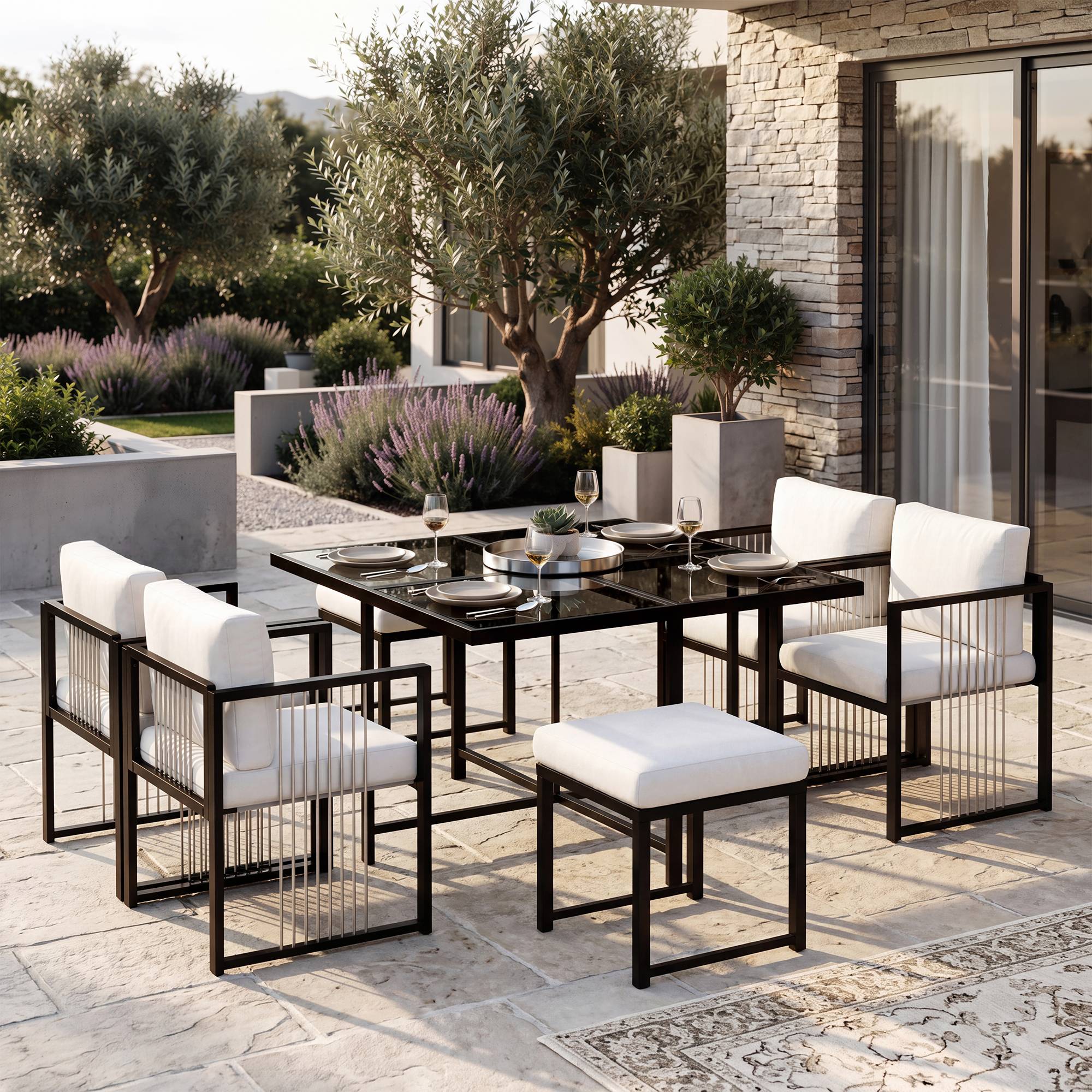 Ensemble Table et Chaise de Jardin avec Table 4 Fauteuils et 2 Poufs Tissu Noir et Blanc - Image 4