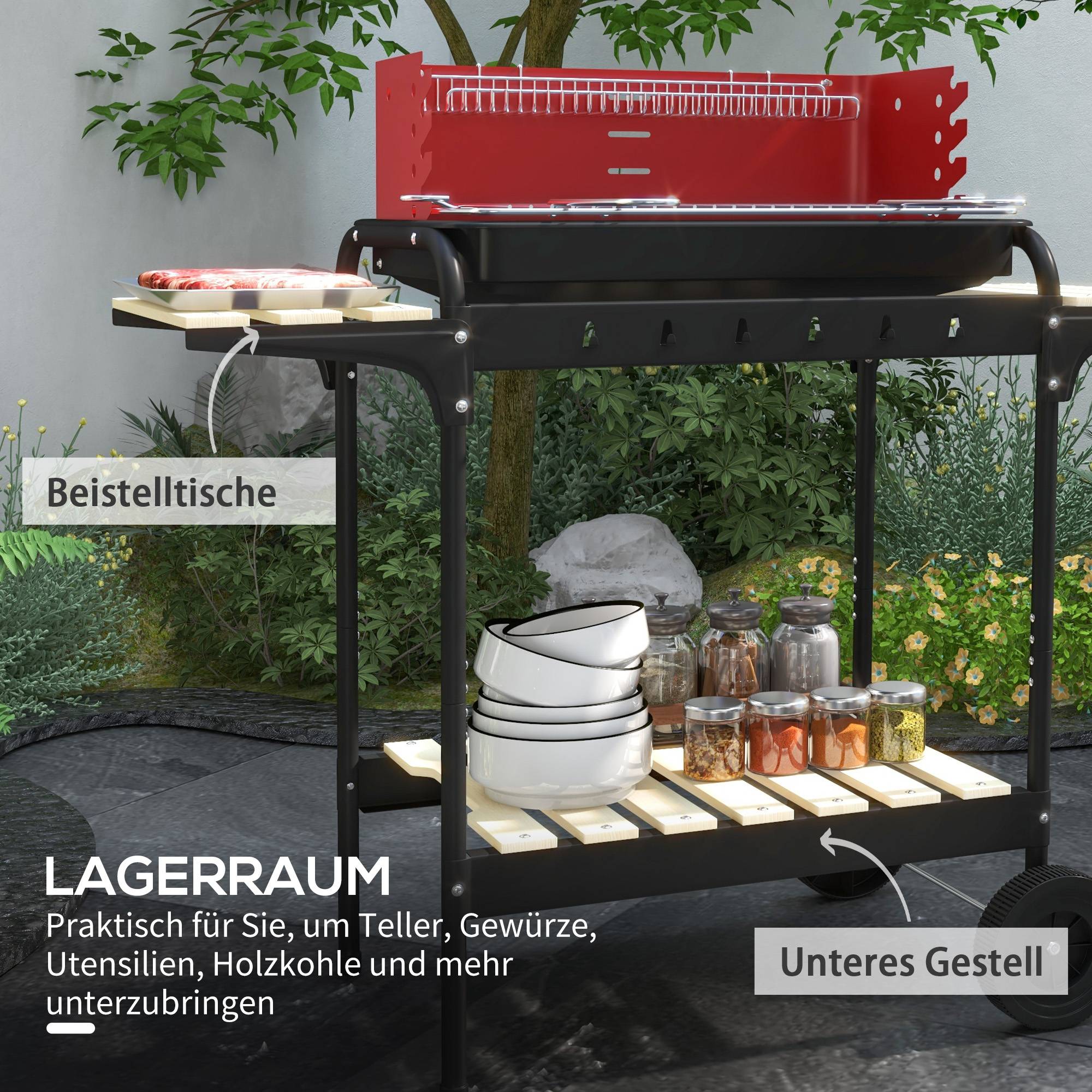 Barbecue charbon métal fumoir, roues, grille réglable, tablette bois,103x47x95 cm, rouge - Image 8