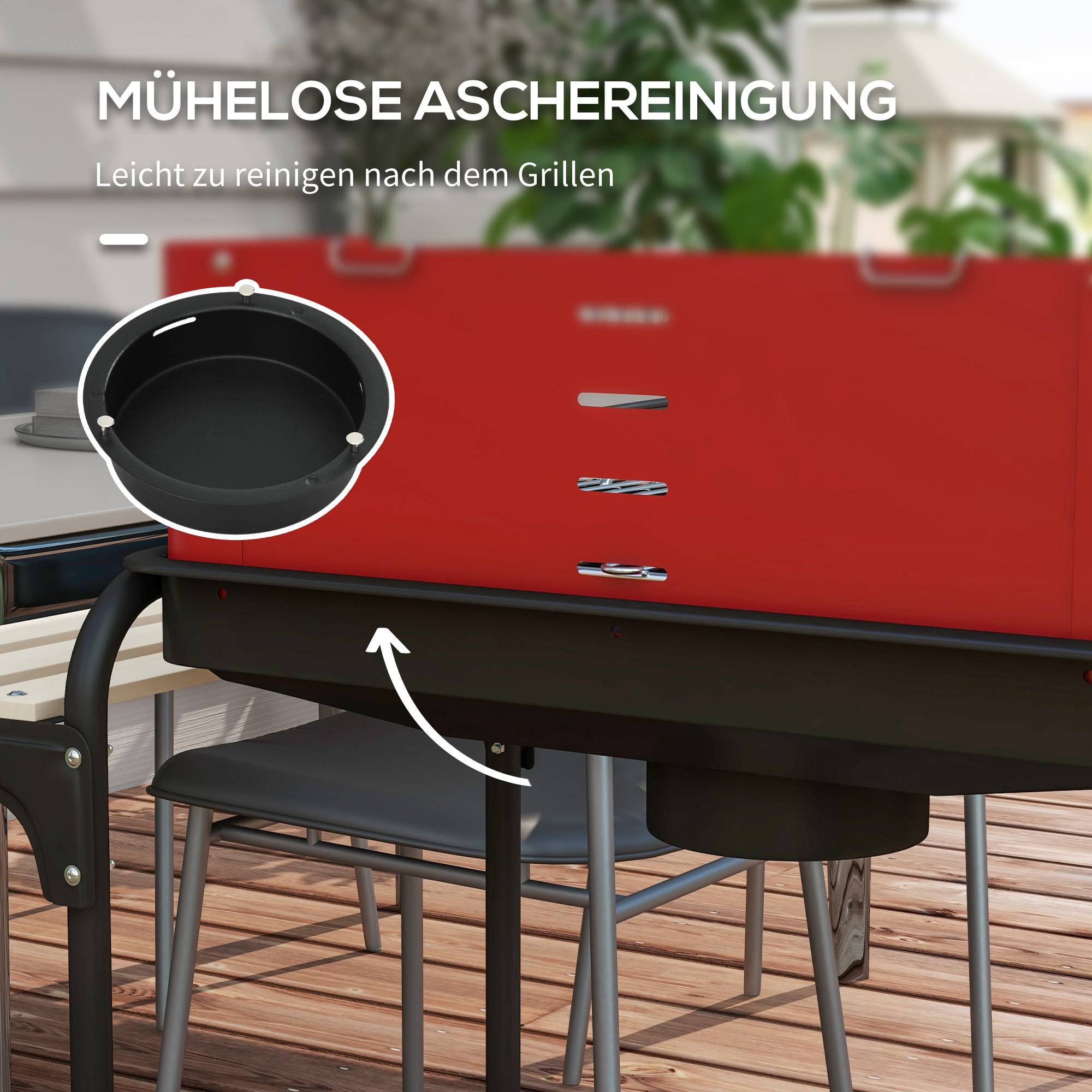 Barbecue charbon métal fumoir, roues, grille réglable, tablette bois,103x47x95 cm, rouge - Image 9