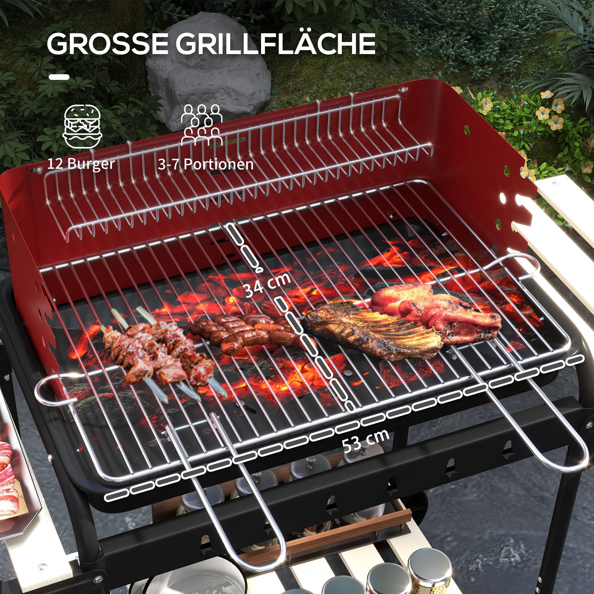 Barbecue charbon métal fumoir, roues, grille réglable, tablette bois,103x47x95 cm, rouge - Image 6