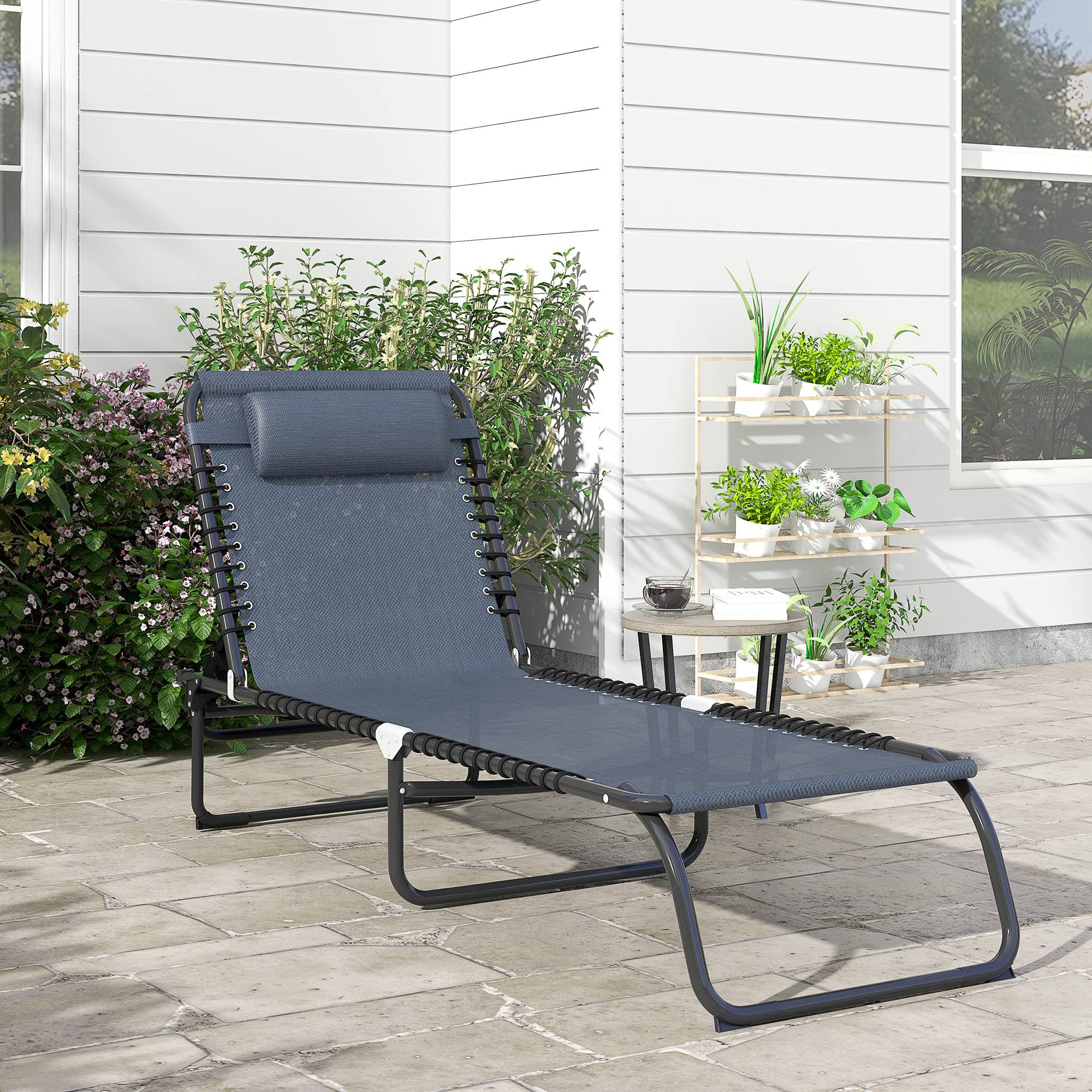 Sans Marque - Bain de Soleil transat Pliable Dossier inclinable Multi-Positions Acier thermoplastique Lacets élastiques Noir - Image 3