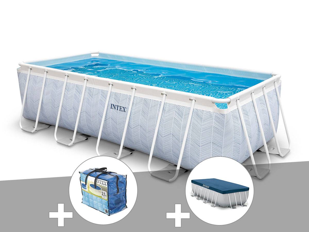 Kit piscine tubulaire Intex Chevron rectangulaire 4,00 x 2,00 x 1,00 m + Bâche à bulles + Bâche de protection - Image 1