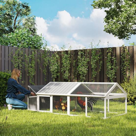 Poulailler de jardin en bois pour 4-8 poules, filet métallique et toit ouvrant, 240x112.5x76 cm, blanc - Image 3