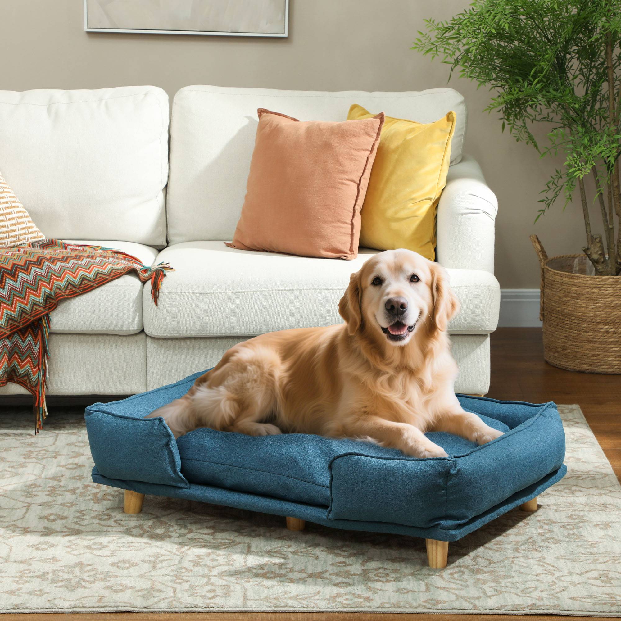 Sans Marque - Canapé chien lit animal coussin amovible lavable naturel et bleu foncé - Image 4
