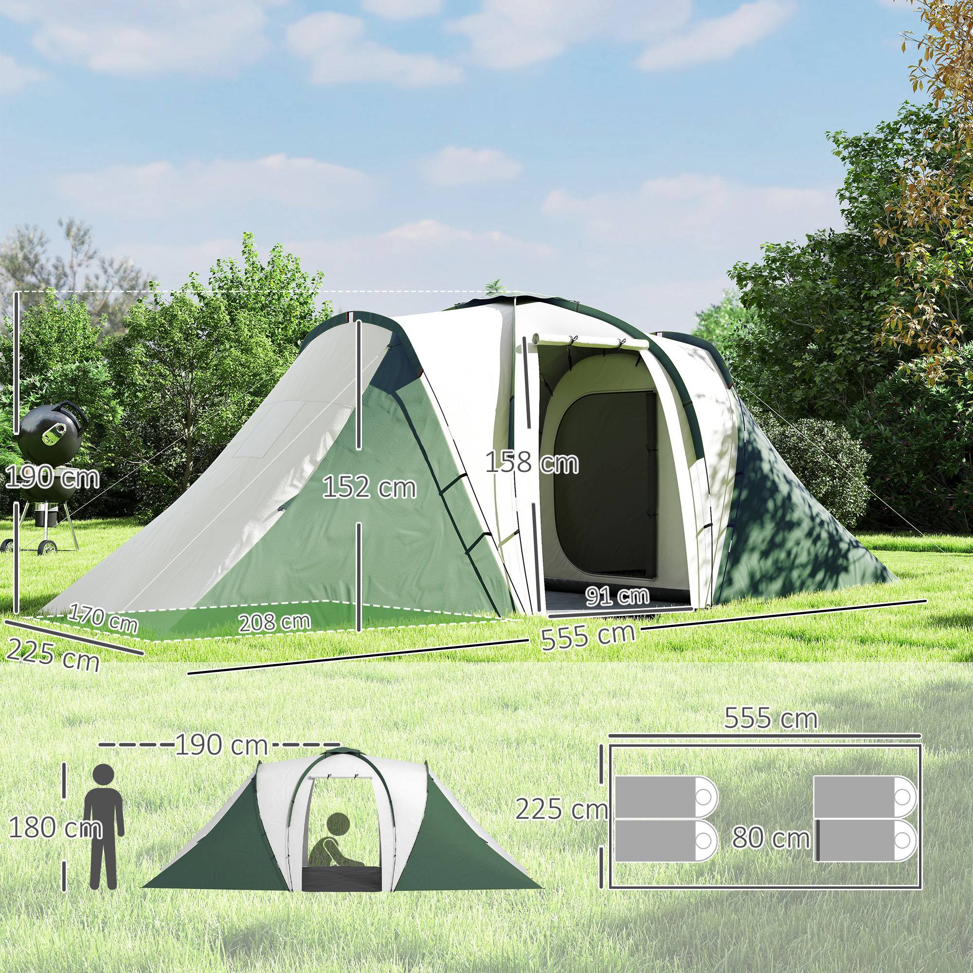 ComfortXL - Tente tunnel polyester 4 personnes 2 chambres séjour imperméable 555 x 225 x 190 cm gris vert - ComfortXL Outdoor Living - Image 5
