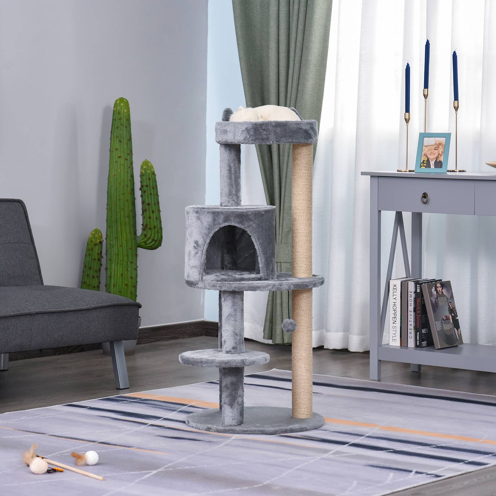 Arbre à chat design original en peluche avec niche pour jeu détente 48x48x104cm gris - ComfortXL Outdoor Living - Image 3