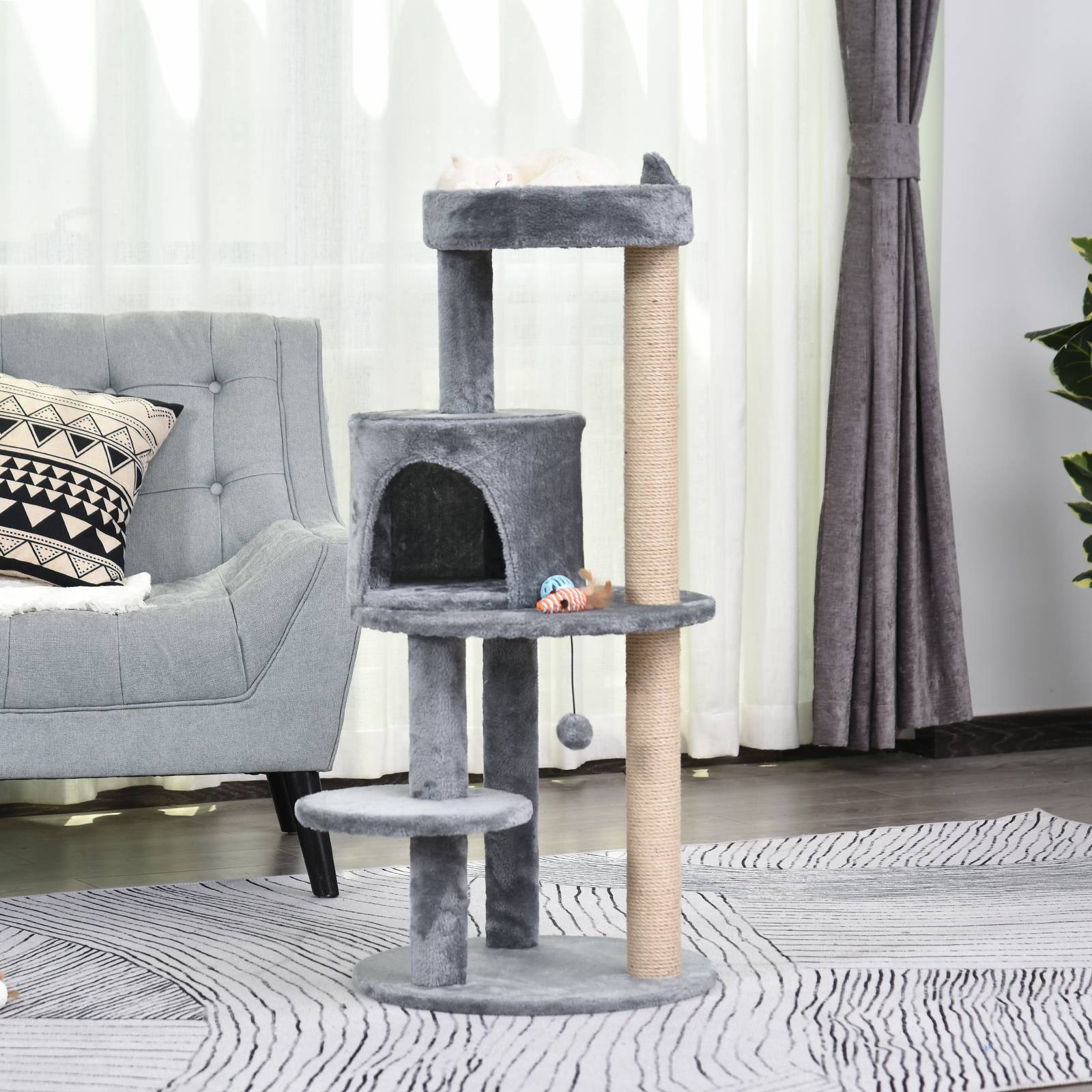 Arbre à chat design original en peluche avec niche pour jeu détente 48x48x104cm gris - ComfortXL Outdoor Living - Image 2