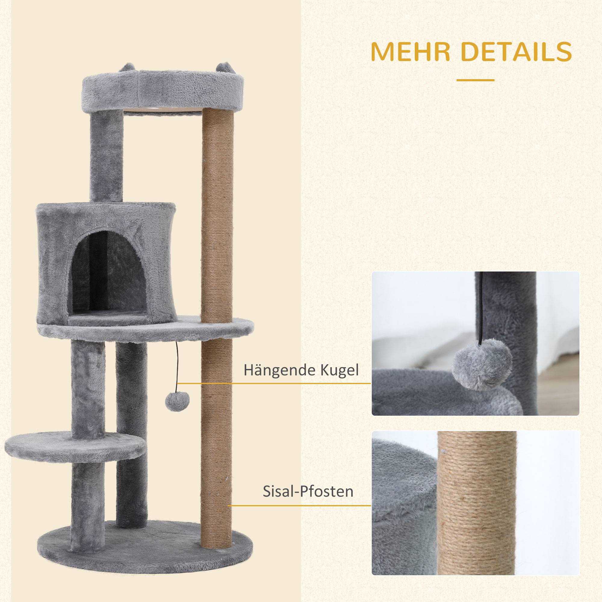 Arbre à chat design original en peluche avec niche pour jeu détente 48x48x104cm gris - ComfortXL Outdoor Living - Image 6