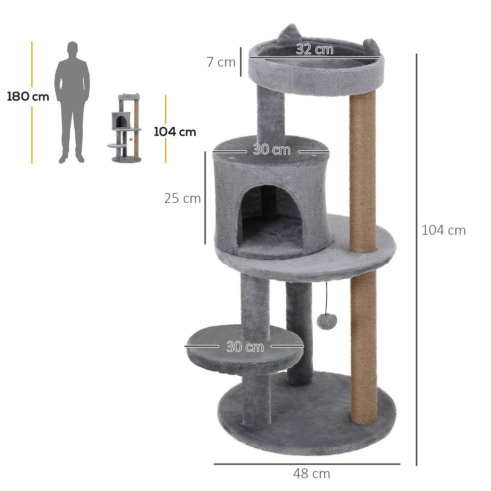 Arbre à chat design original en peluche avec niche pour jeu détente 48x48x104cm gris - ComfortXL Outdoor Living - Image 4