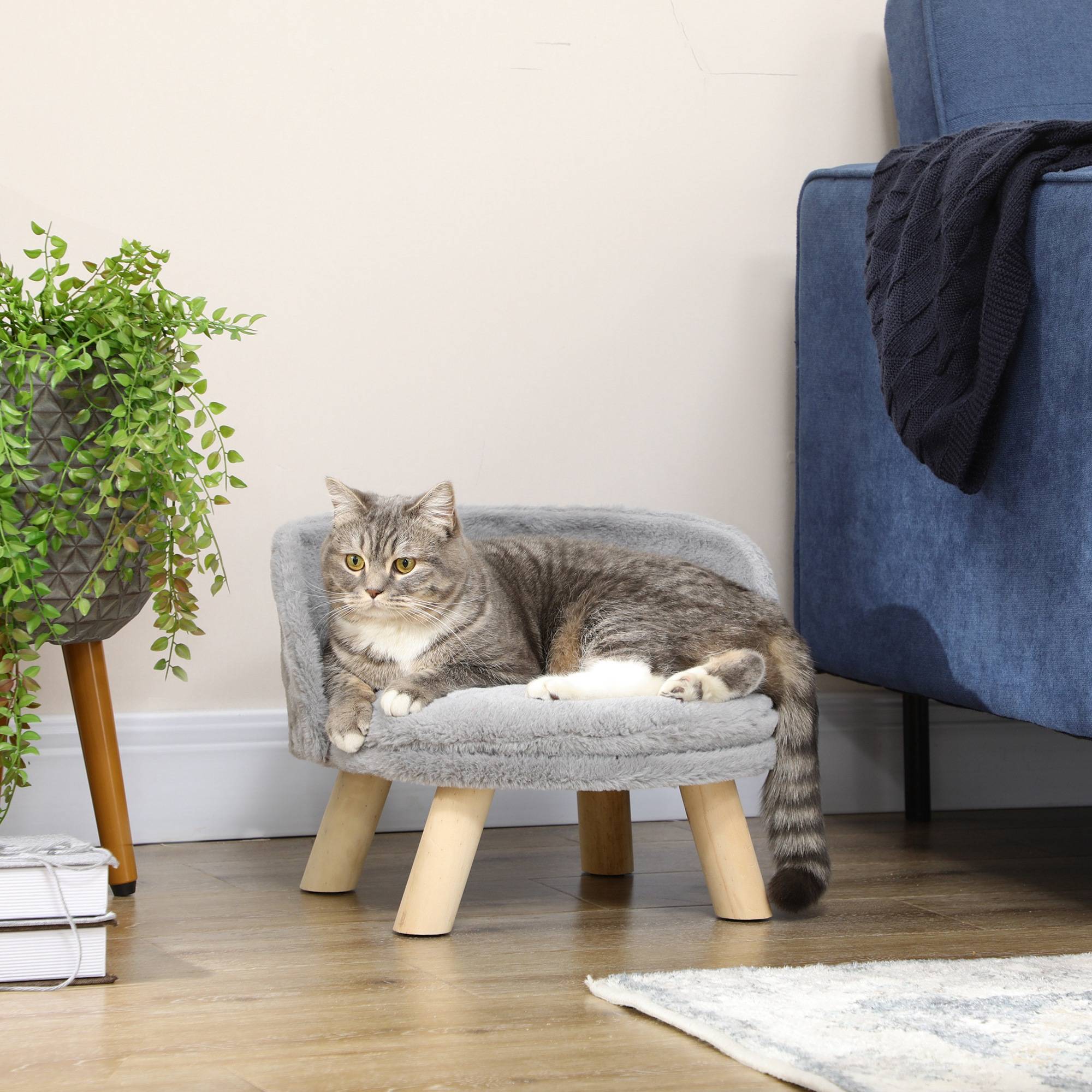 Sans Marque - Canapé lit panier chien design scandinave coussin moelleux amovible pieds bois Ø40,5x33 cm gris - Image 4