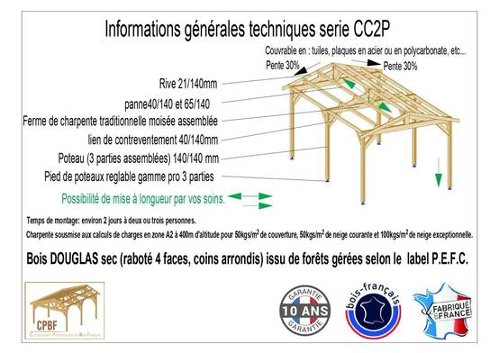 Cpbf Charpentes - Carport bois 2 pentes 500cmx650cm bois DOUGLAS Français label PEFC (Charpente - Auvent - Abri voiture) 33 m². Garantie 10 ans - Image 4