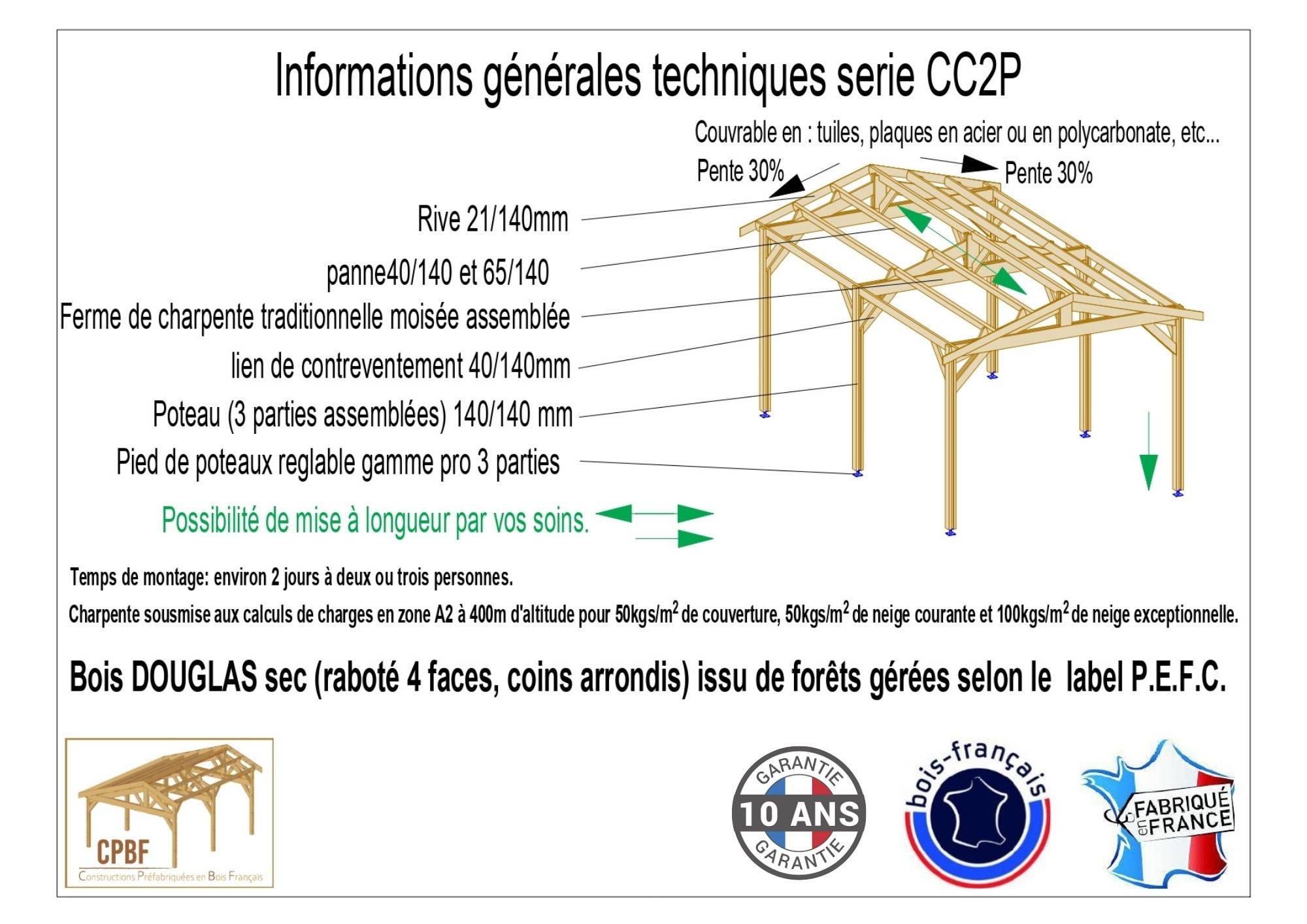 Cpbf Charpentes - Carport bois 2 pentes 500cmx650cm bois DOUGLAS Français label PEFC (Charpente - Auvent - Abri voiture) 33 m². Garantie 10 ans - Image 4
