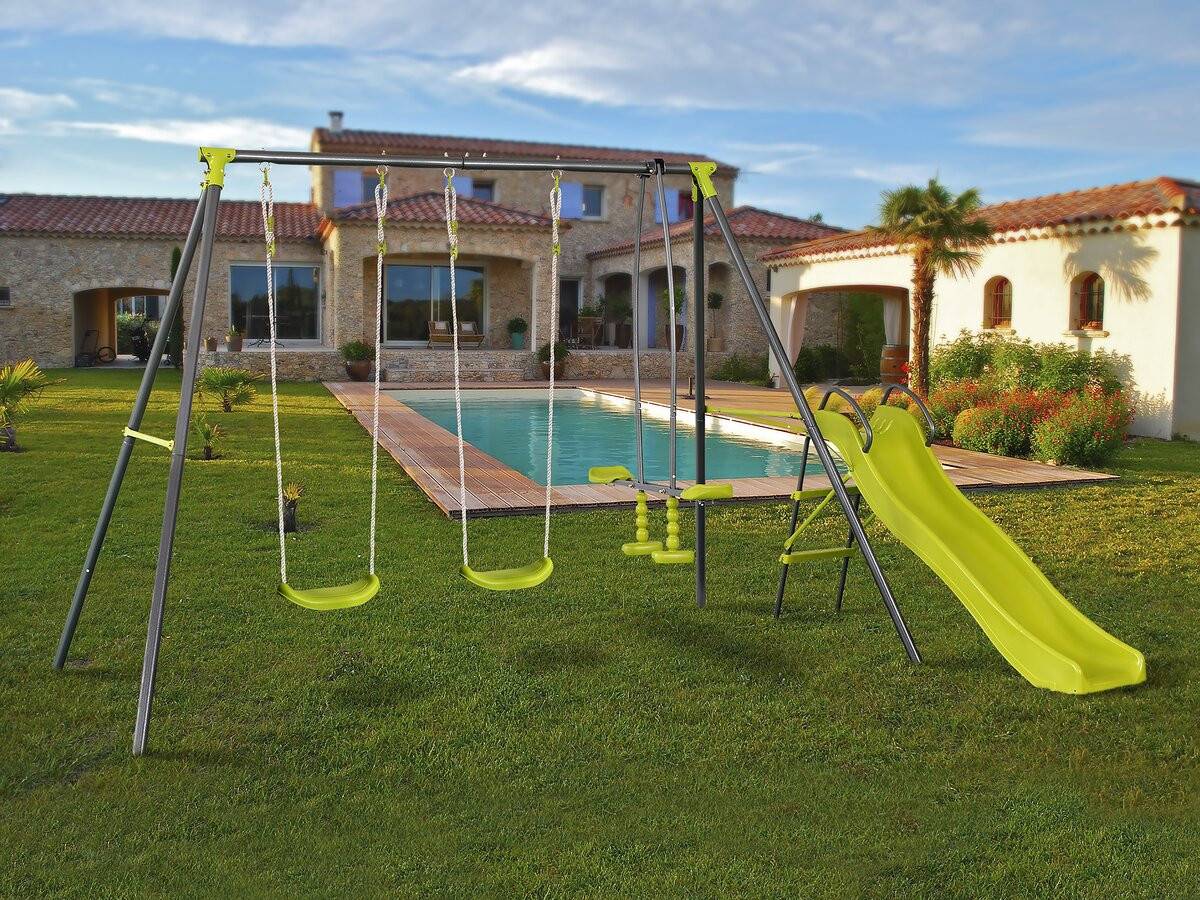 Portique En Métal Avec Toboggan "enzo Ii " - 4 Agrès - Vert -habitat Et Jardin - Image 2