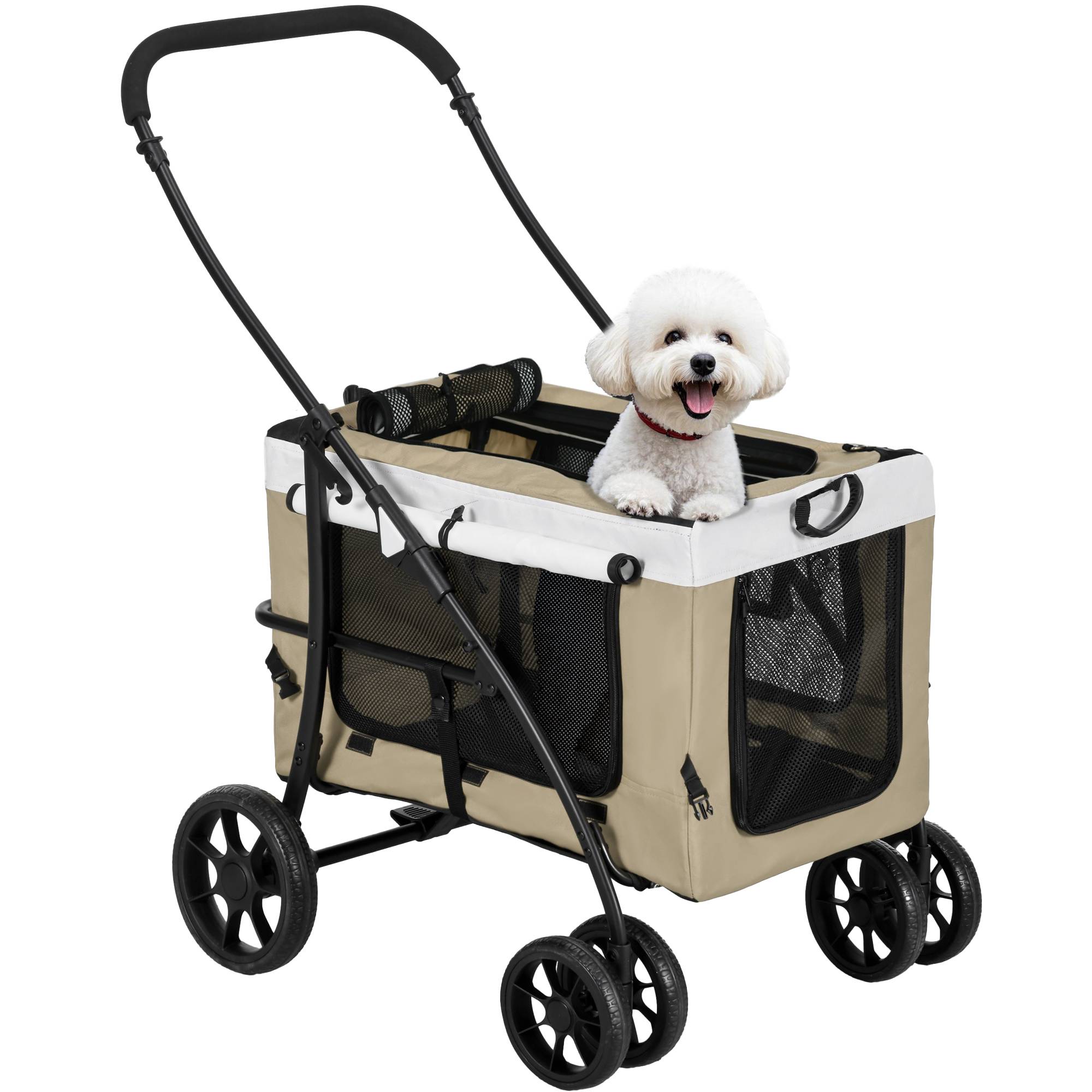 Poussette pour chiens pliable avec wagon amovible, 4 portes à fermeture éclair, 2 sangles de sécurité et coussin Kaki - Image 1