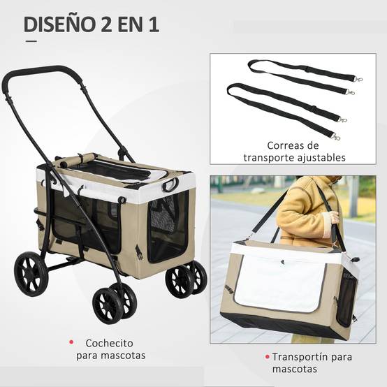 Poussette pour chiens pliable avec wagon amovible, 4 portes à fermeture éclair, 2 sangles de sécurité et coussin Kaki - Image 7