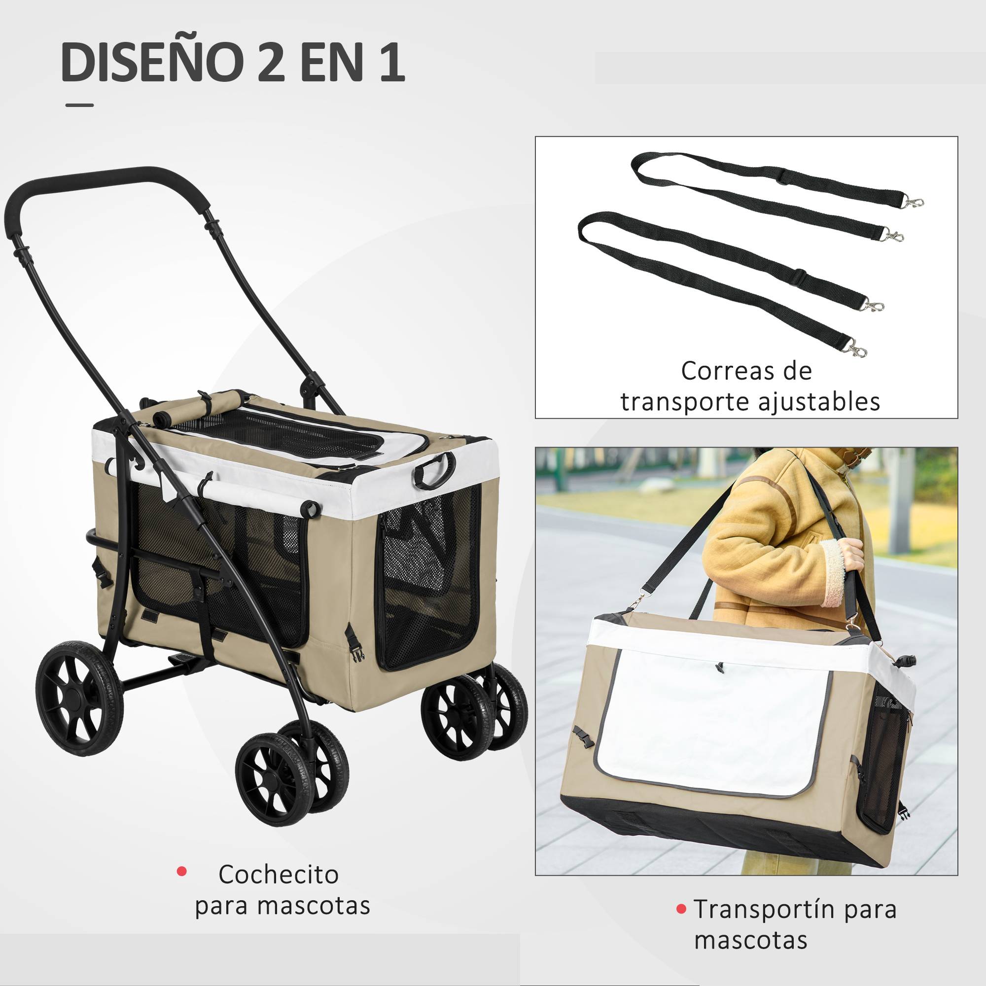 Poussette pour chiens pliable avec wagon amovible, 4 portes à fermeture éclair, 2 sangles de sécurité et coussin Kaki - Image 7