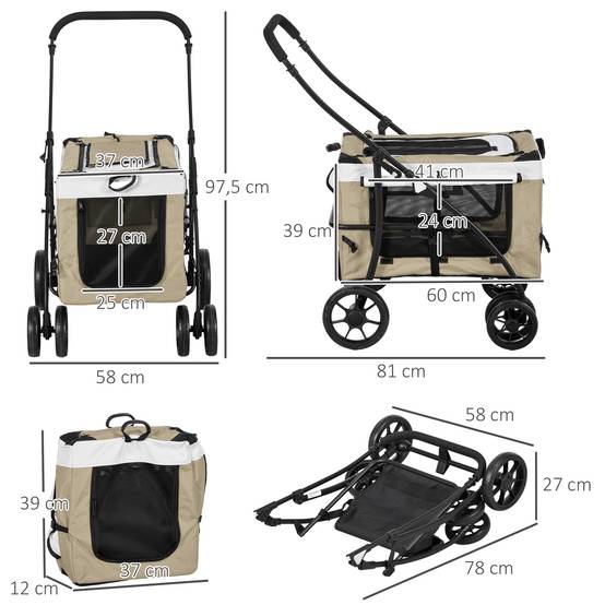 Poussette pour chiens pliable avec wagon amovible, 4 portes à fermeture éclair, 2 sangles de sécurité et coussin Kaki - Image 5