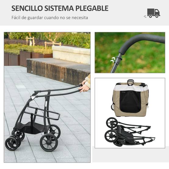 Poussette pour chiens pliable avec wagon amovible, 4 portes à fermeture éclair, 2 sangles de sécurité et coussin Kaki - Image 9
