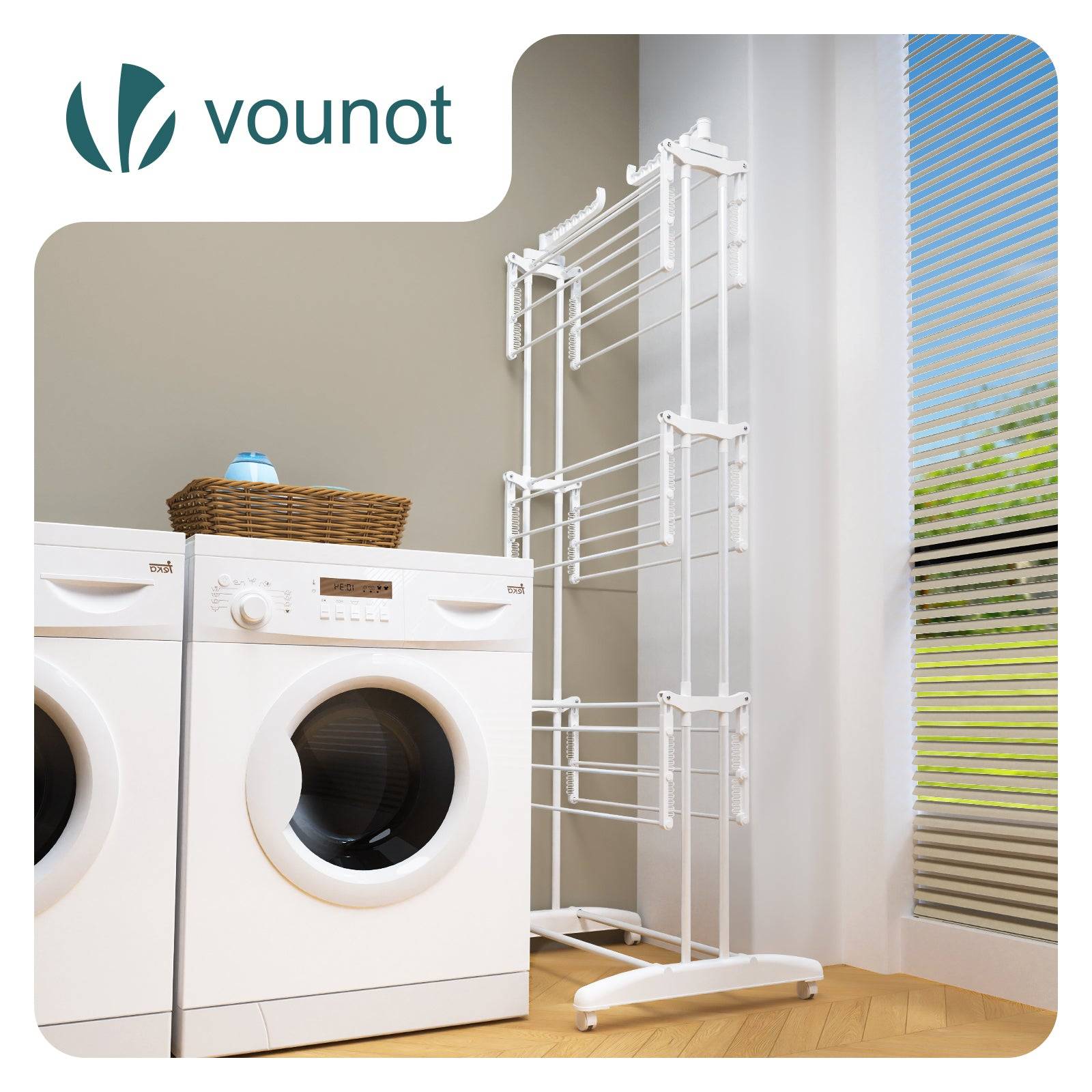 Vounot - Étendoir à linge pliable métal renforcée 125x62x173cm, Séchoir 4 niveaux grande capacité avec roulettes, Blanc, VOUNOT® - Image 6
