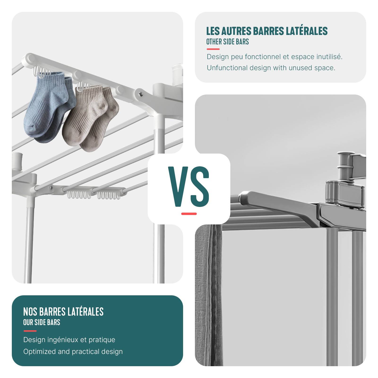 Vounot - Étendoir à linge pliable métal renforcée 125x62x173cm, Séchoir 4 niveaux grande capacité avec roulettes, Blanc, VOUNOT® - Image 4
