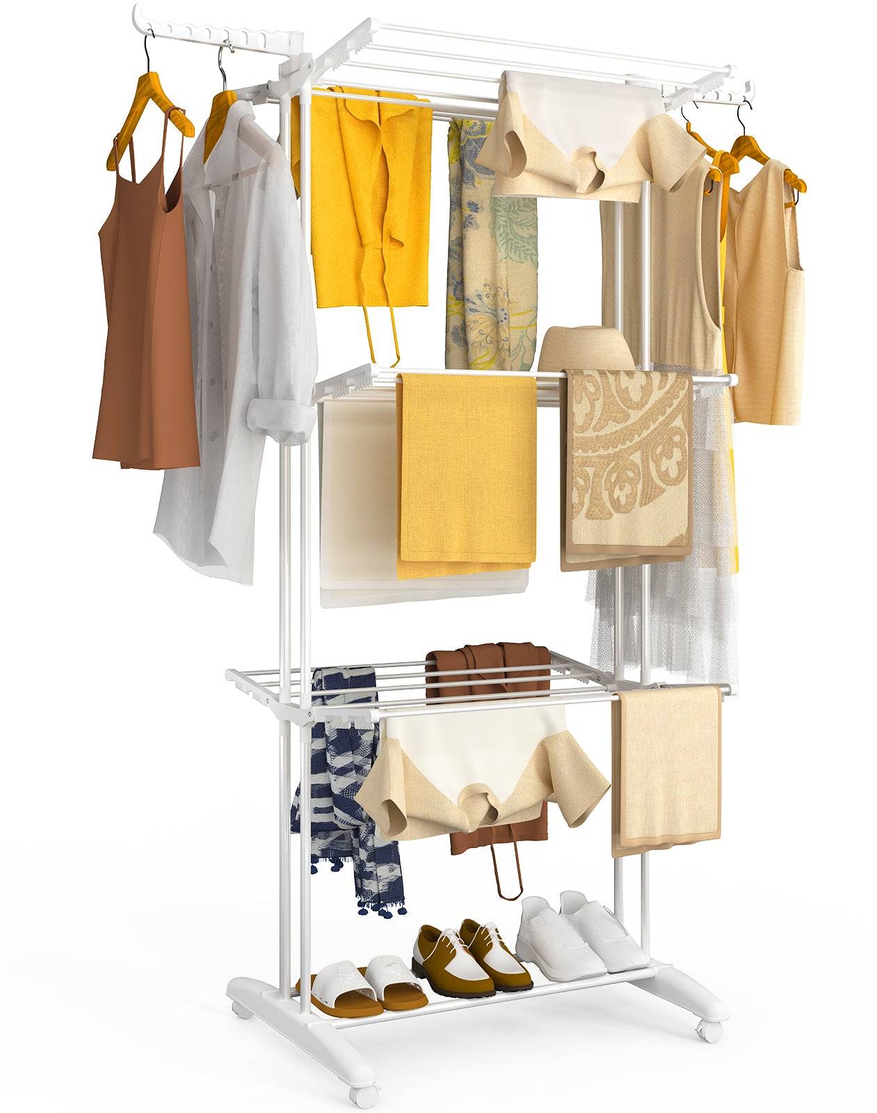 Vounot - Étendoir à linge pliable métal renforcée 125x62x173cm, Séchoir 4 niveaux grande capacité avec roulettes, Blanc, VOUNOT® - Image 1
