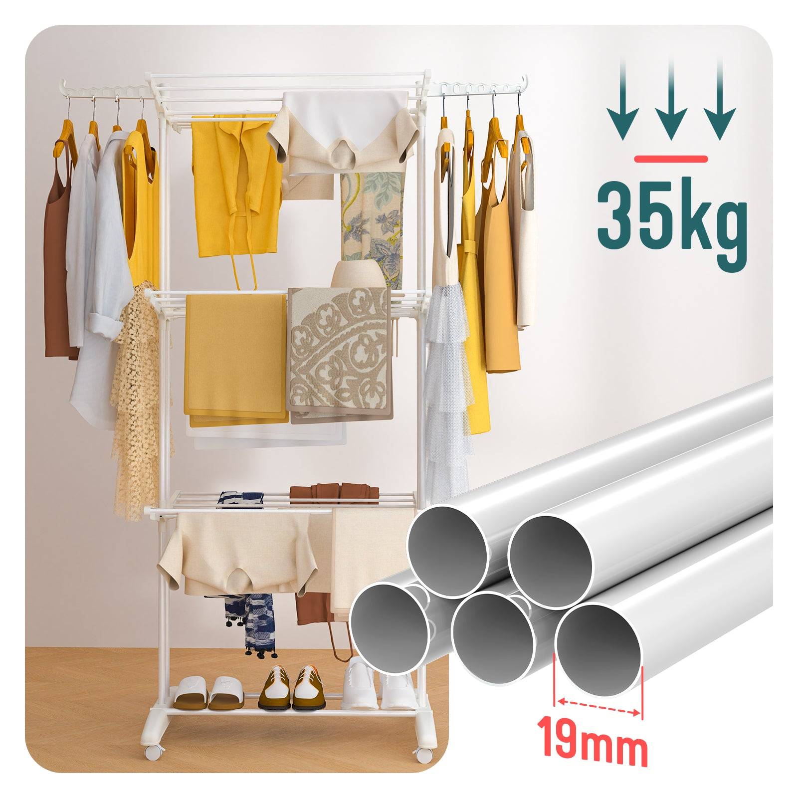 Vounot - Étendoir à linge pliable métal renforcée 125x62x173cm, Séchoir 4 niveaux grande capacité avec roulettes, Blanc, VOUNOT® - Image 7