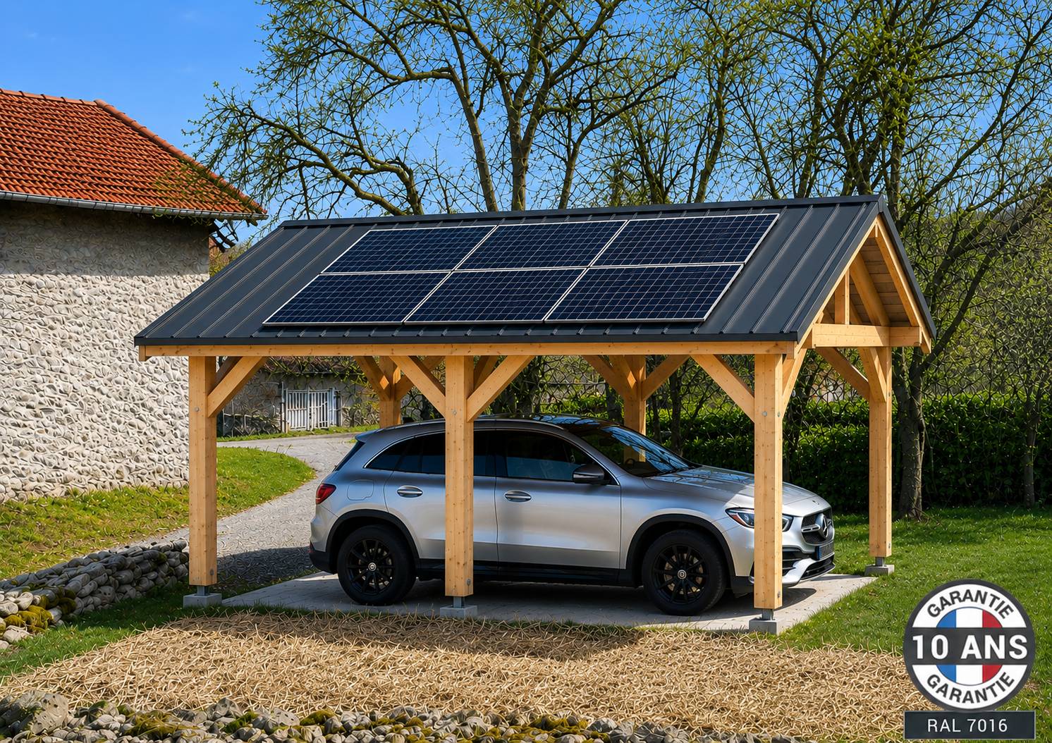 Carport bois 2 pentes en bois douglas 15 m² 6 Poteaux avec couverture acier. Abri voiture extérieur. Garantie 10 ans - Image 5