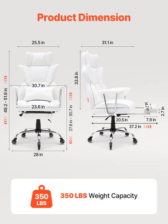 VEVOR Chaise bureau cuir PU, ergonomique, soutien lombaire réglable. Repose-pieds, charge 159 kg, gamer, maison. - Image 3