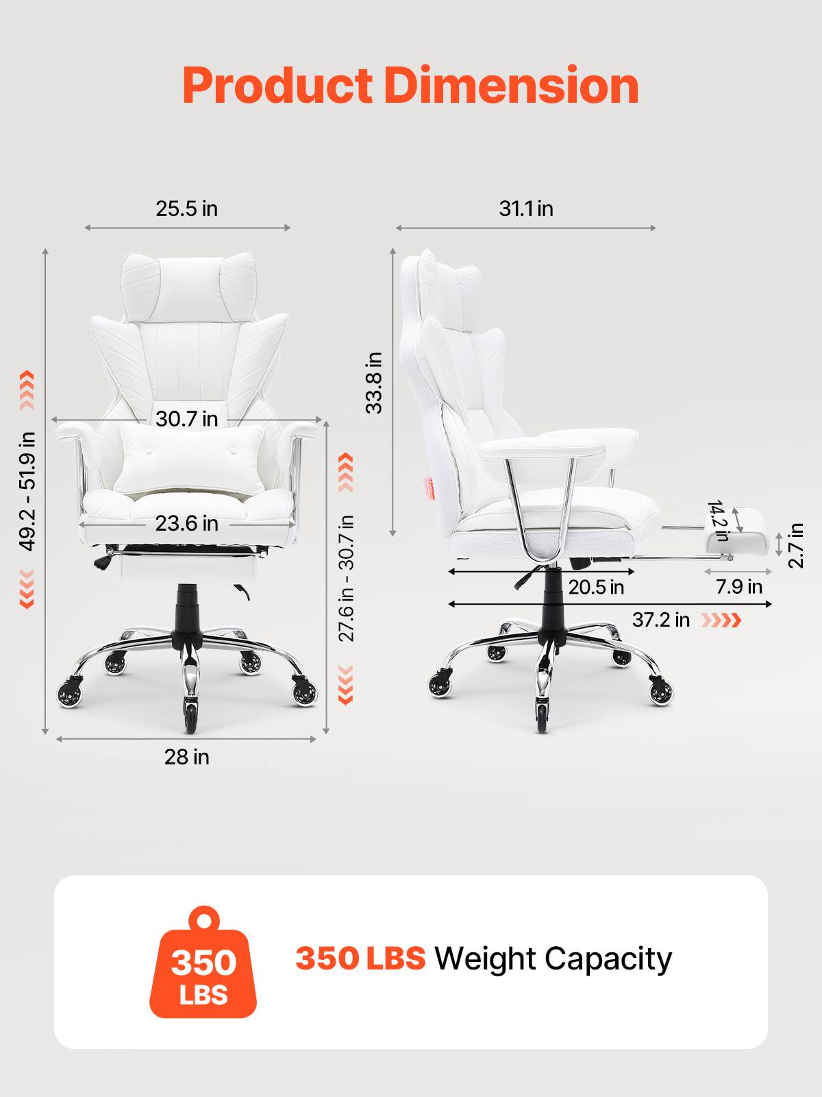 VEVOR Chaise bureau cuir PU, ergonomique, soutien lombaire réglable. Repose-pieds, charge 159 kg, gamer, maison. - Image 3