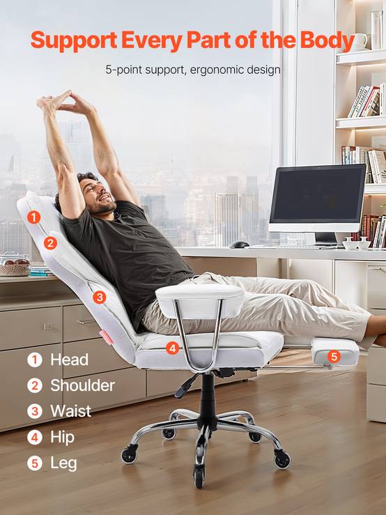 VEVOR Chaise bureau cuir PU, ergonomique, soutien lombaire réglable. Repose-pieds, charge 159 kg, gamer, maison. - Image 2