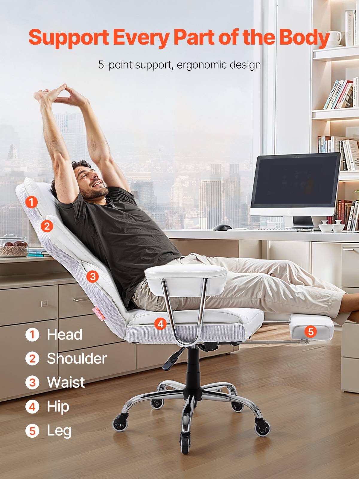 VEVOR Chaise bureau cuir PU, ergonomique, soutien lombaire réglable. Repose-pieds, charge 159 kg, gamer, maison. - Image 2