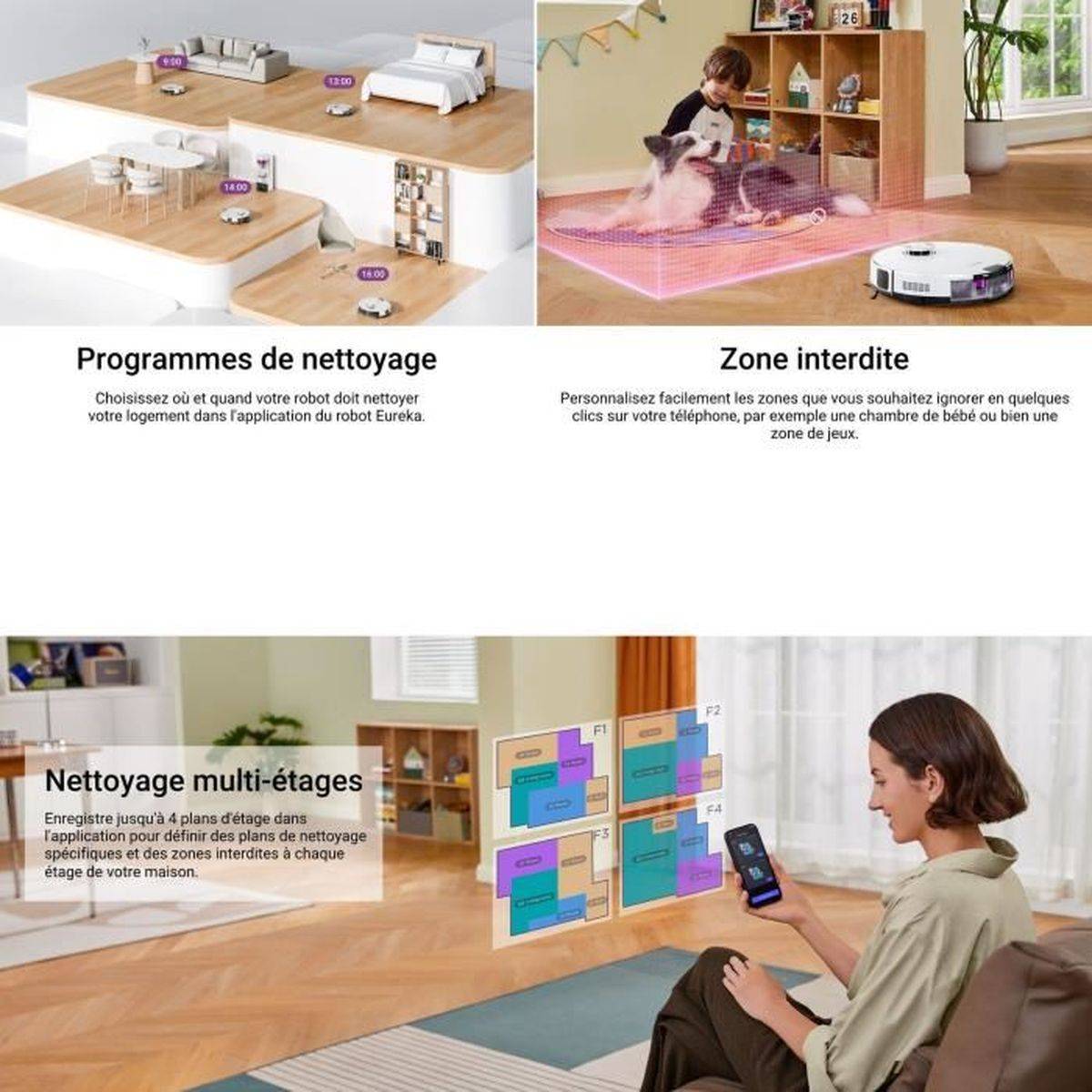 Robot aspirateur laveur E20 Plus, station d’auto-vidage, aspiration 8000 Pa, 300 m² - Eureka - Image 9