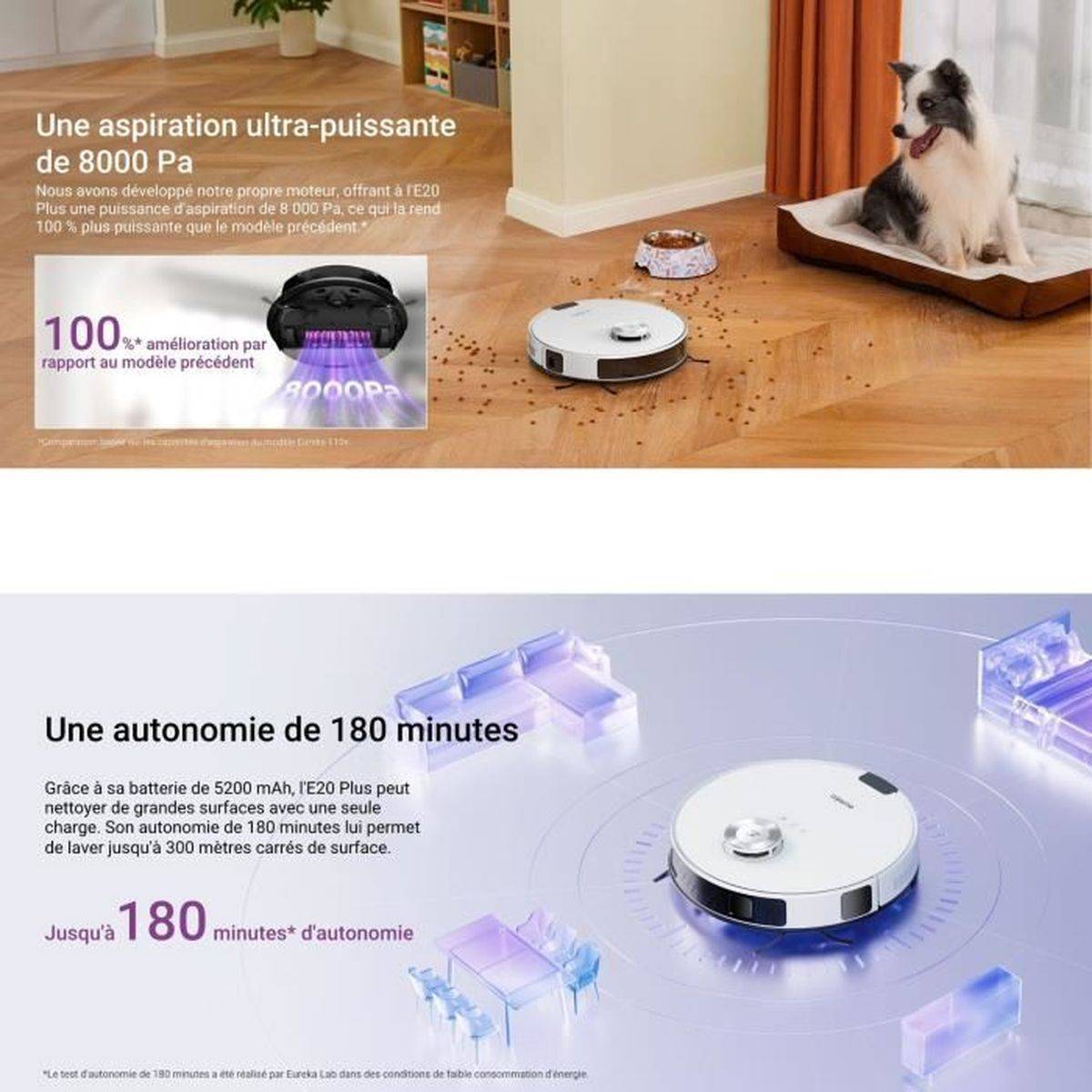 Robot aspirateur laveur E20 Plus, station d’auto-vidage, aspiration 8000 Pa, 300 m² - Eureka - Image 5