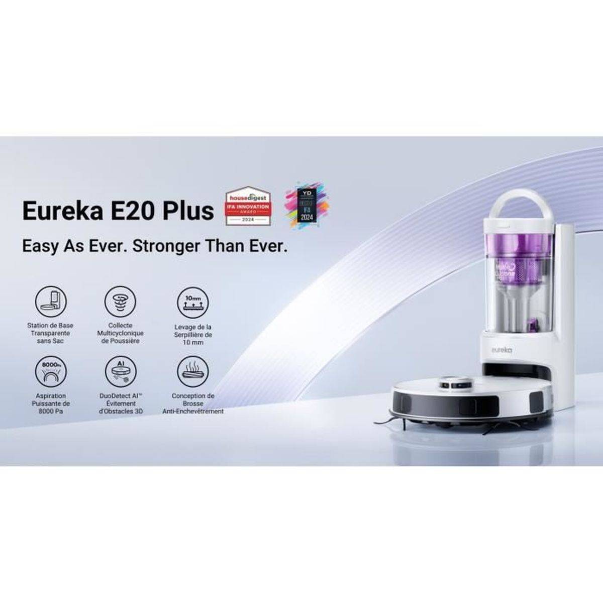 Robot aspirateur laveur E20 Plus, station d’auto-vidage, aspiration 8000 Pa, 300 m² - Eureka - Image 3