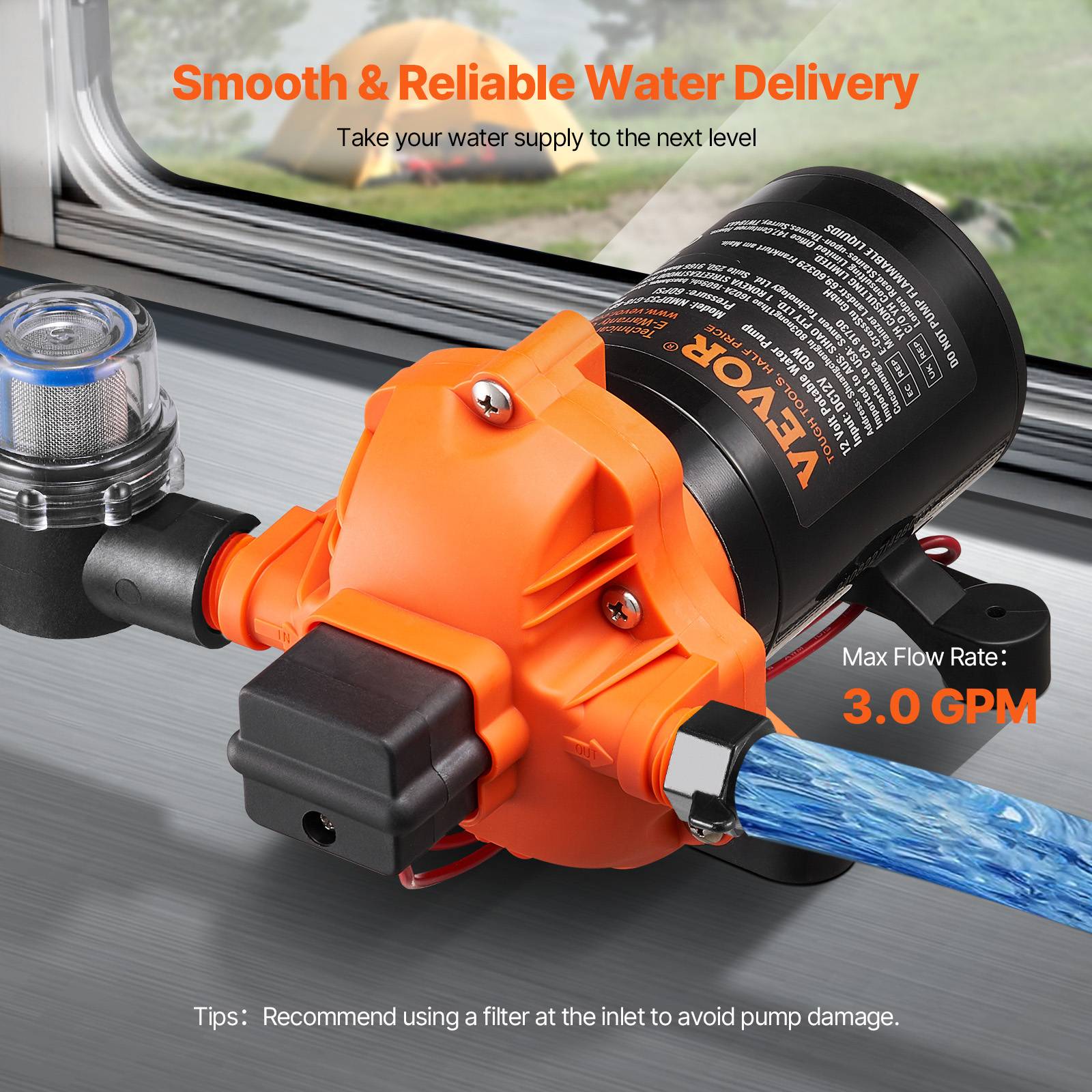 Vevor - VEVOR Pompe à eau à membrane 12V 3 GPM 11,36 L/min 4 chambres, pressostat auto 55 PSI. - Image 5