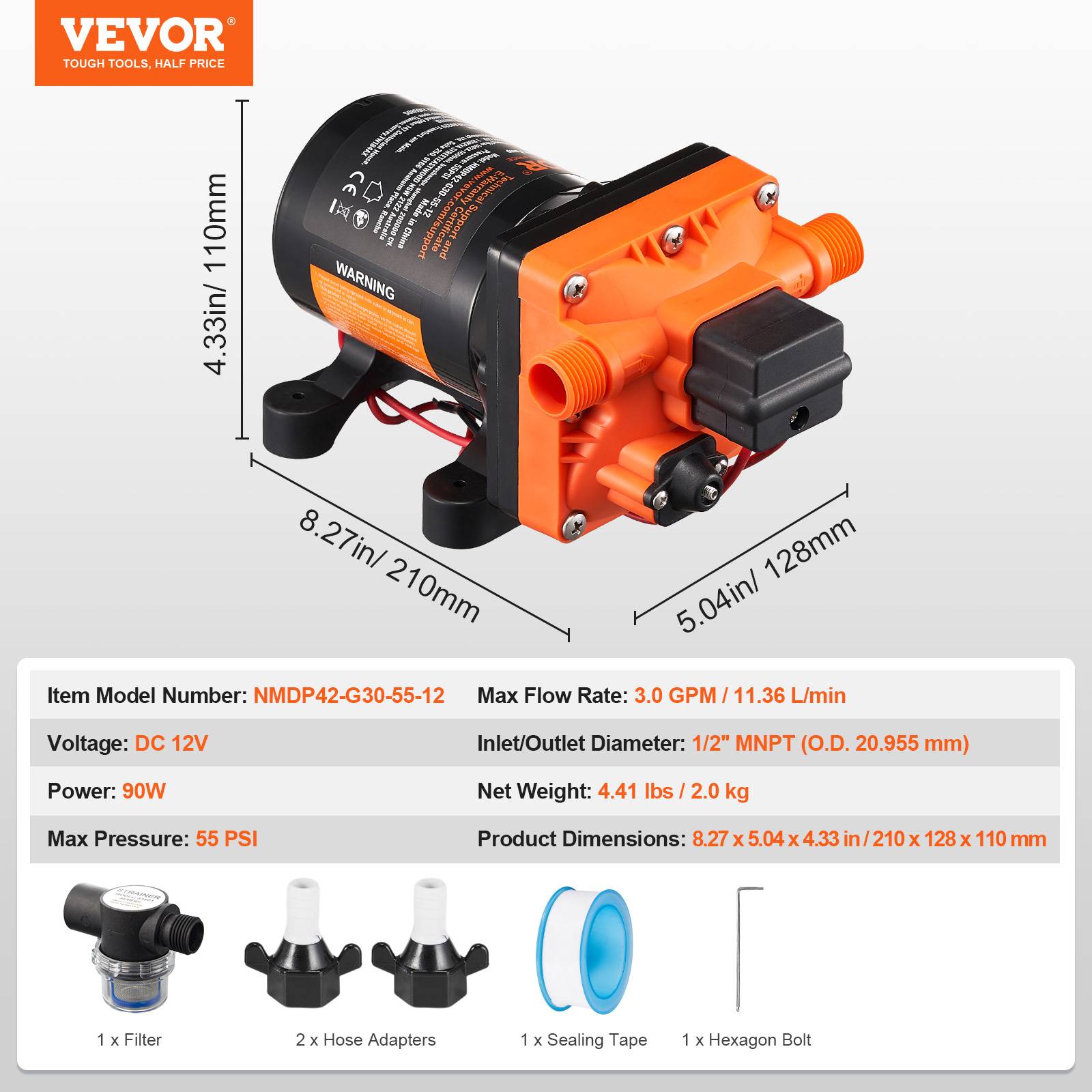Vevor - VEVOR Pompe à eau à membrane 12V 3 GPM 11,36 L/min 4 chambres, pressostat auto 55 PSI. - Image 7