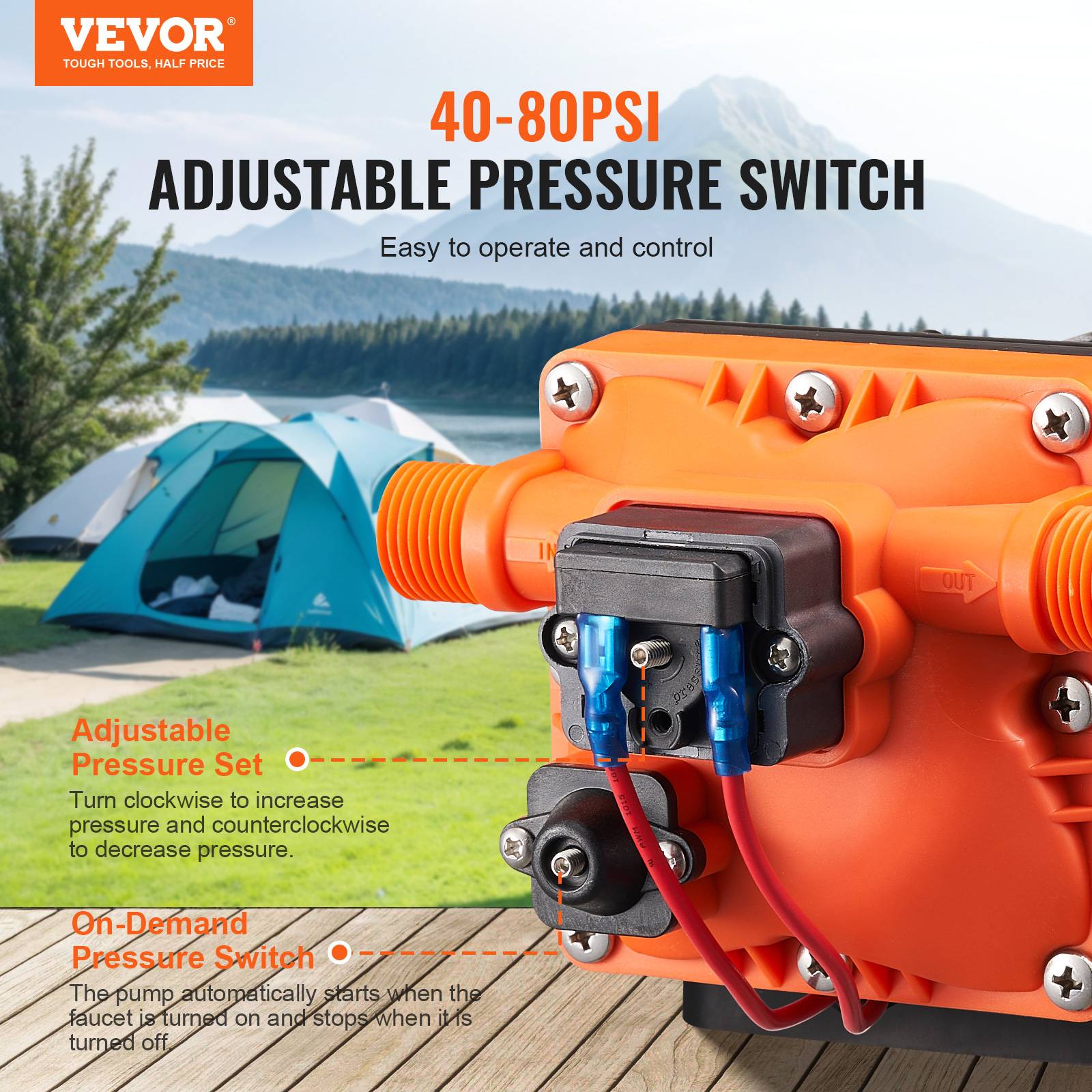 Vevor - VEVOR Pompe à eau à membrane 12V 3 GPM 11,36 L/min 4 chambres, pressostat auto 55 PSI. - Image 3