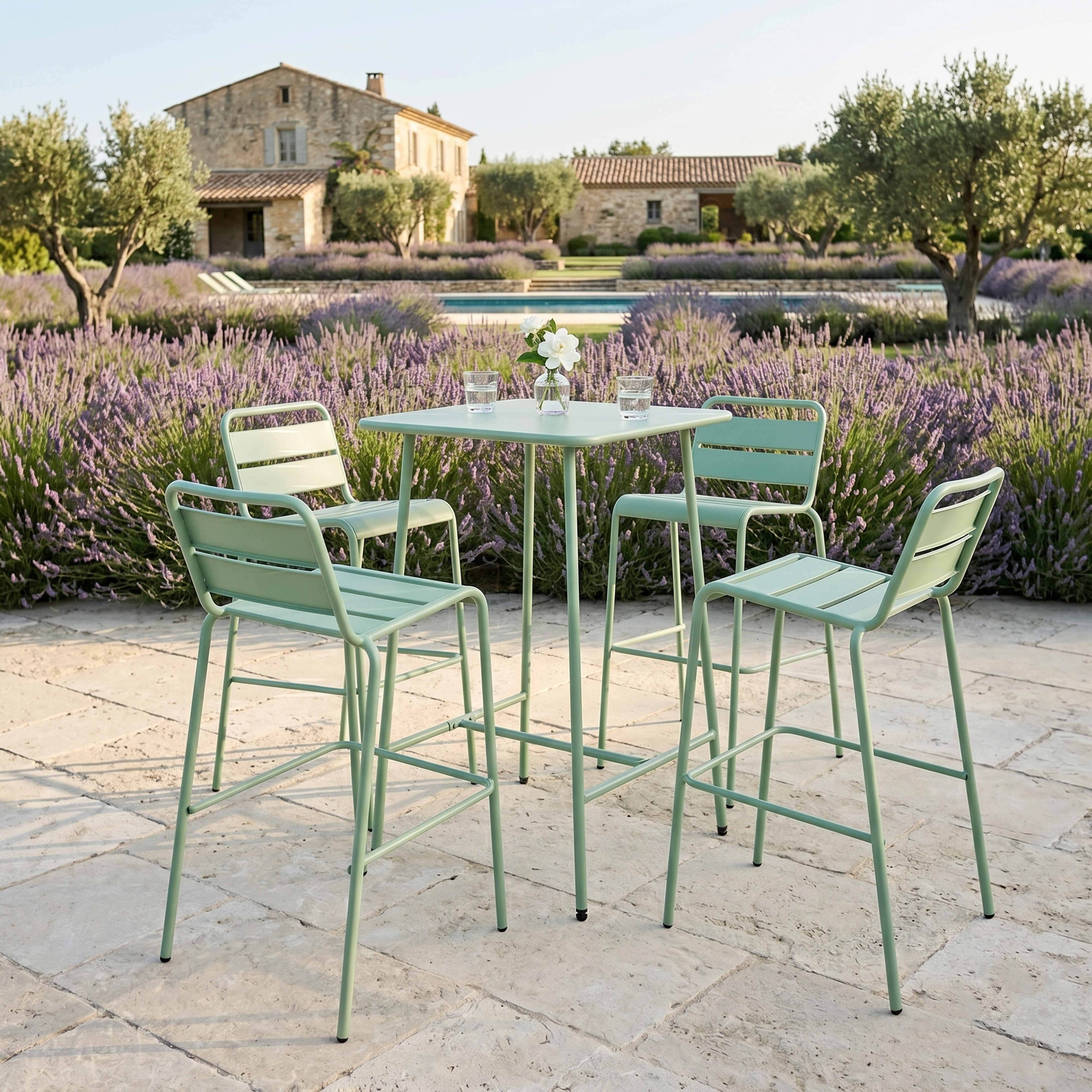 Oviala - Ensemble table de bar et 4 chaises hautes en métal vert sauge Palavas - Oviala - Image 2