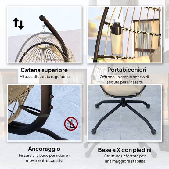 Fauteuil suspendu œuf acier terrasse extérieur panier pliable 120x88x192cm kaki - ComfortXL Outdoor Living - Image 9
