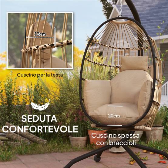 Fauteuil suspendu œuf acier terrasse extérieur panier pliable 120x88x192cm kaki - ComfortXL Outdoor Living - Image 6