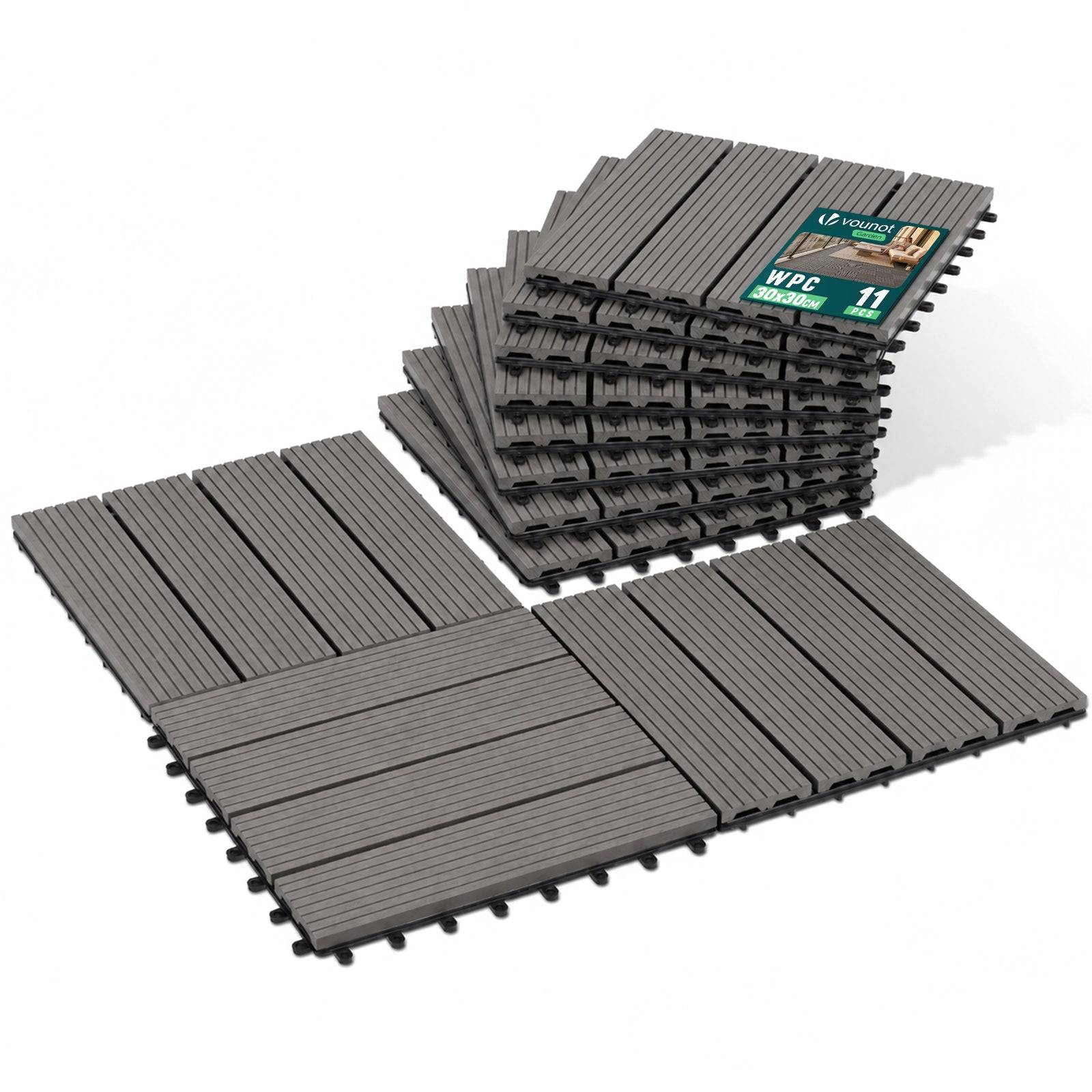 Vounot - Lot de 11 Dalles clipsables extérieur 30x30 cm - WPC - Caillebotis de terrasse antidérapant et drainant - Gris - VOUNOT® - Image 1