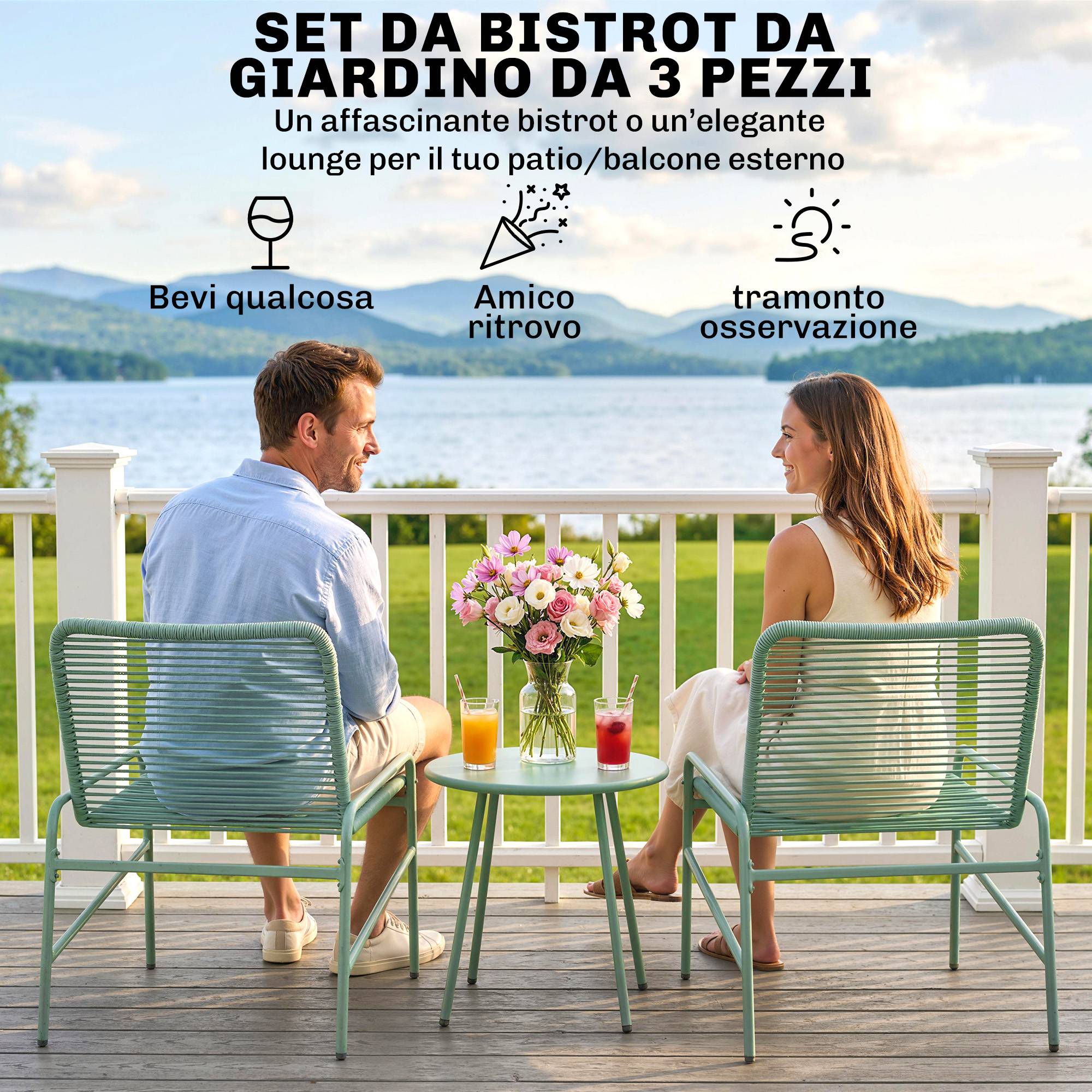 Ensemble bistrot rotin 3 pcs : 2 chaises, table ronde jardin, vert - Image 6