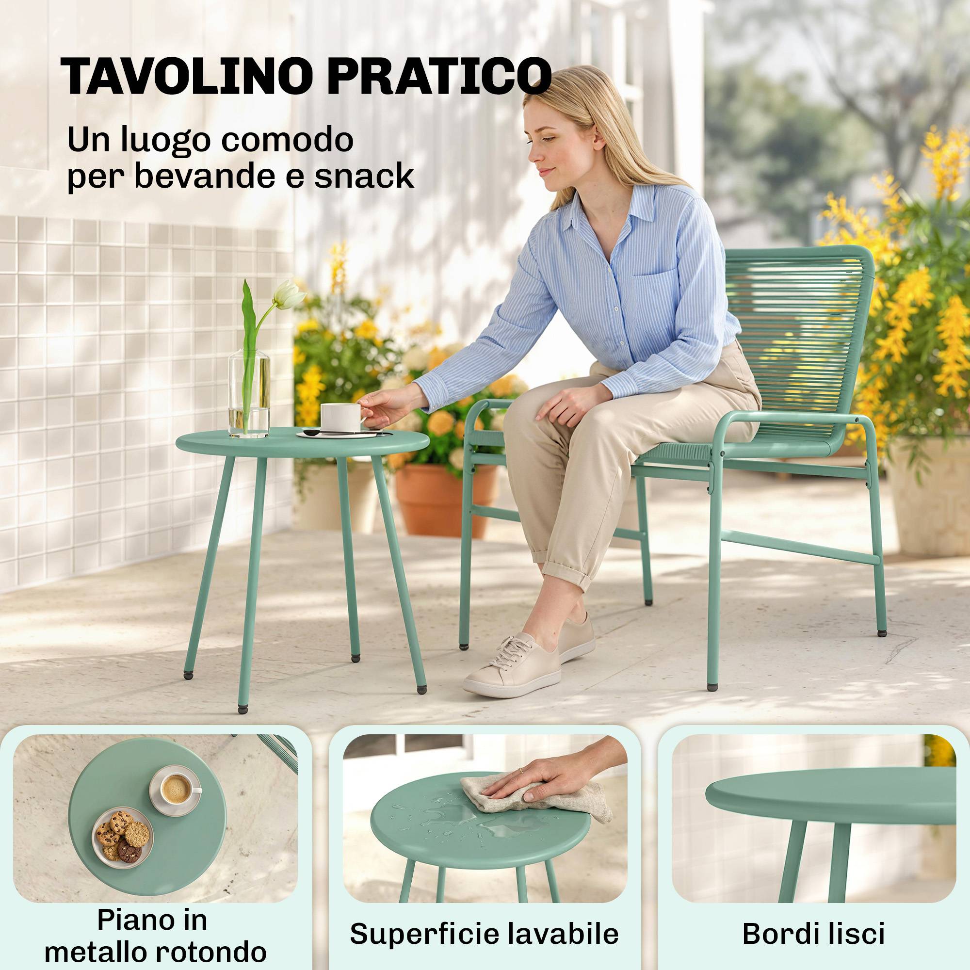 Ensemble bistrot rotin 3 pcs : 2 chaises, table ronde jardin, vert - Image 8