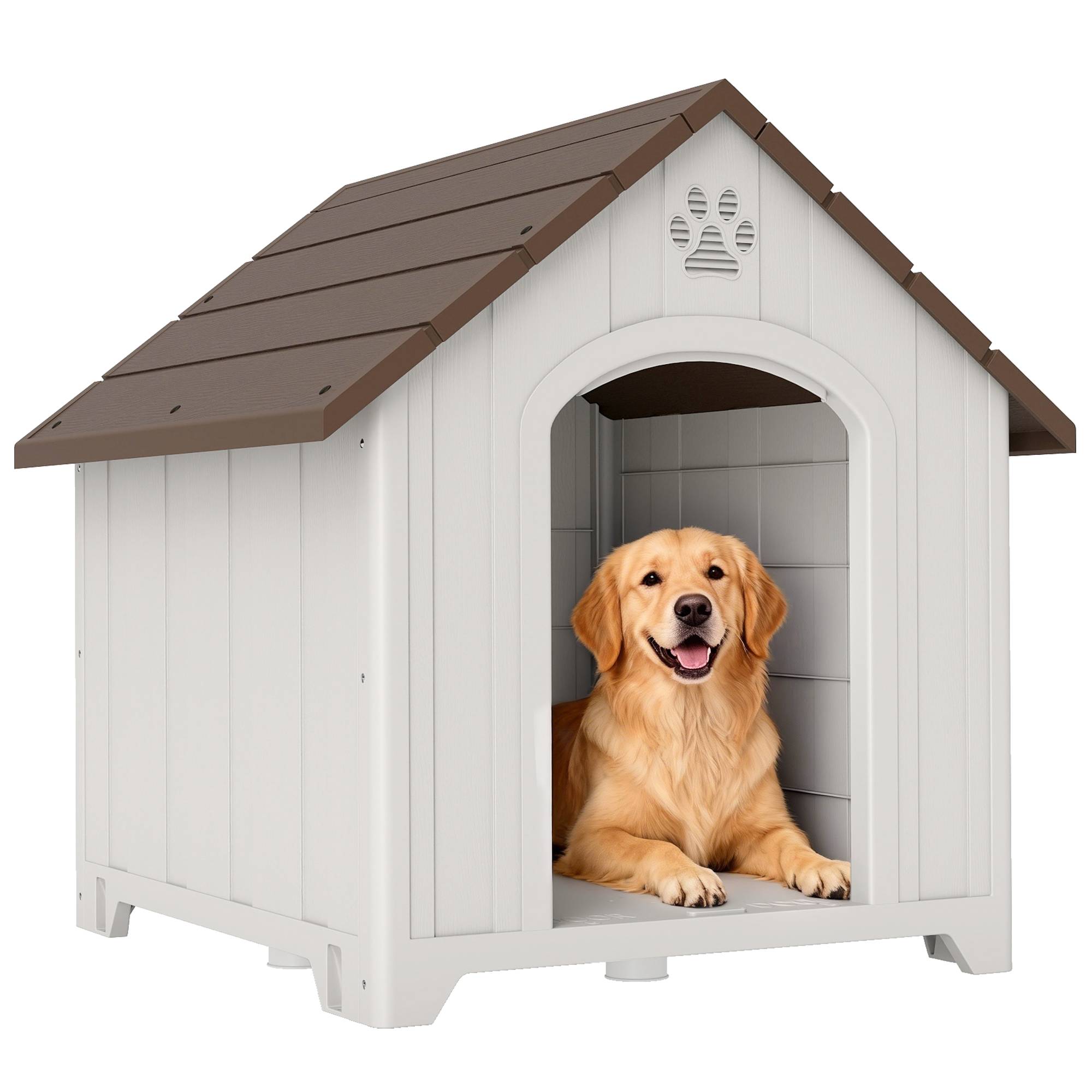 Niche extérieure pour grand chien plastique, 2 fenêtres, base surélevée, piquets, marron foncé - Image 1