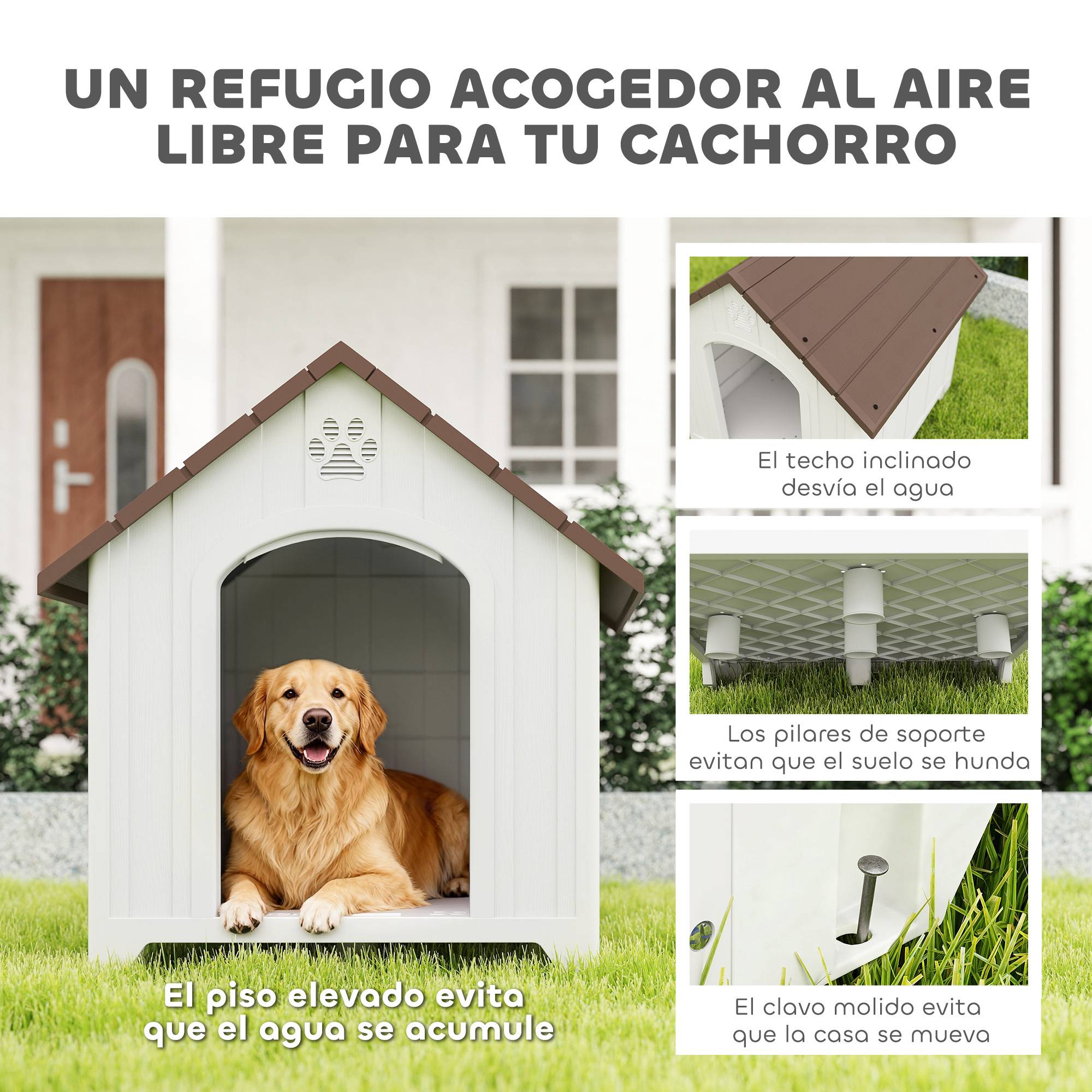 Niche extérieure pour grand chien plastique, 2 fenêtres, base surélevée, piquets, marron foncé - Image 6