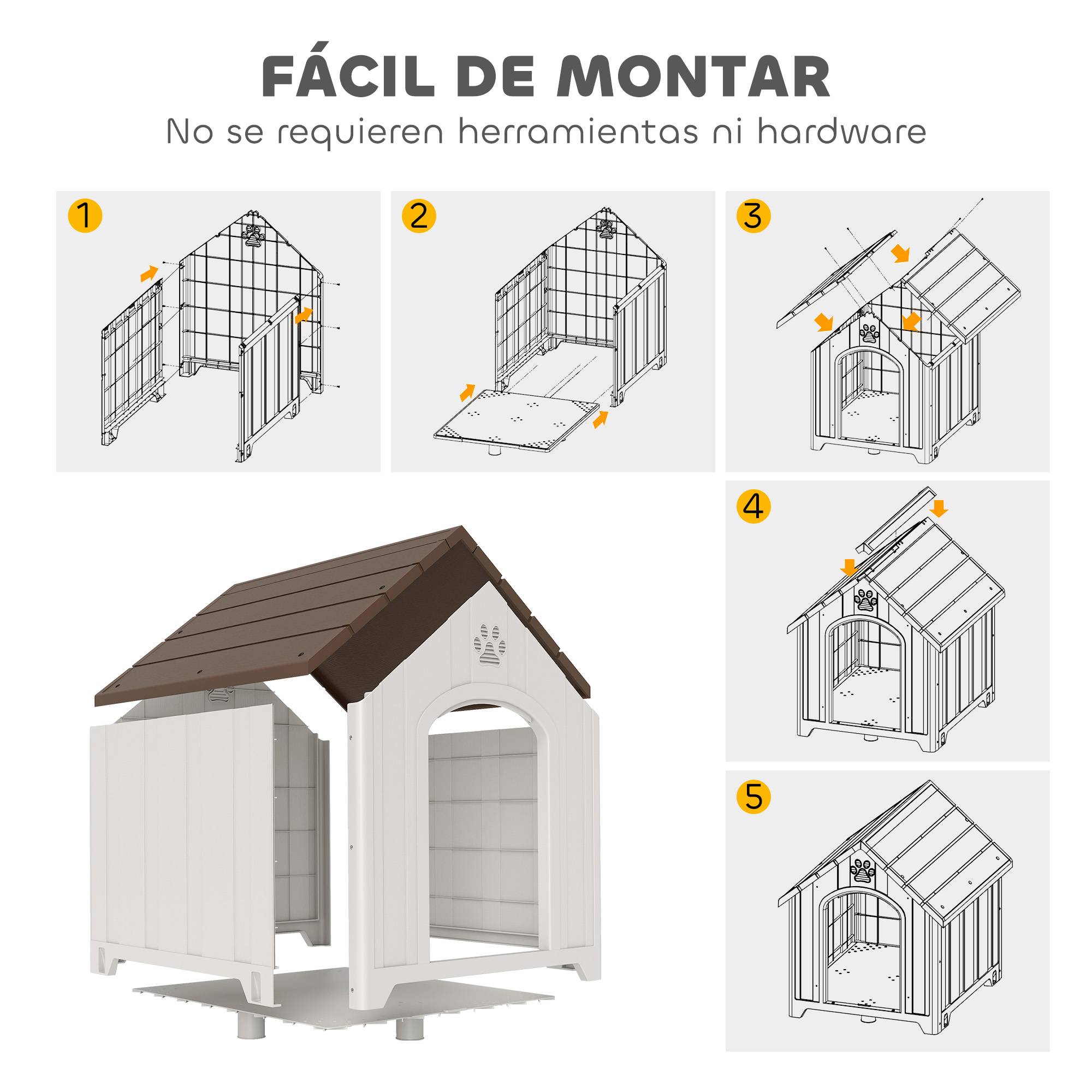 Niche extérieure pour grand chien plastique, 2 fenêtres, base surélevée, piquets, marron foncé - Image 9