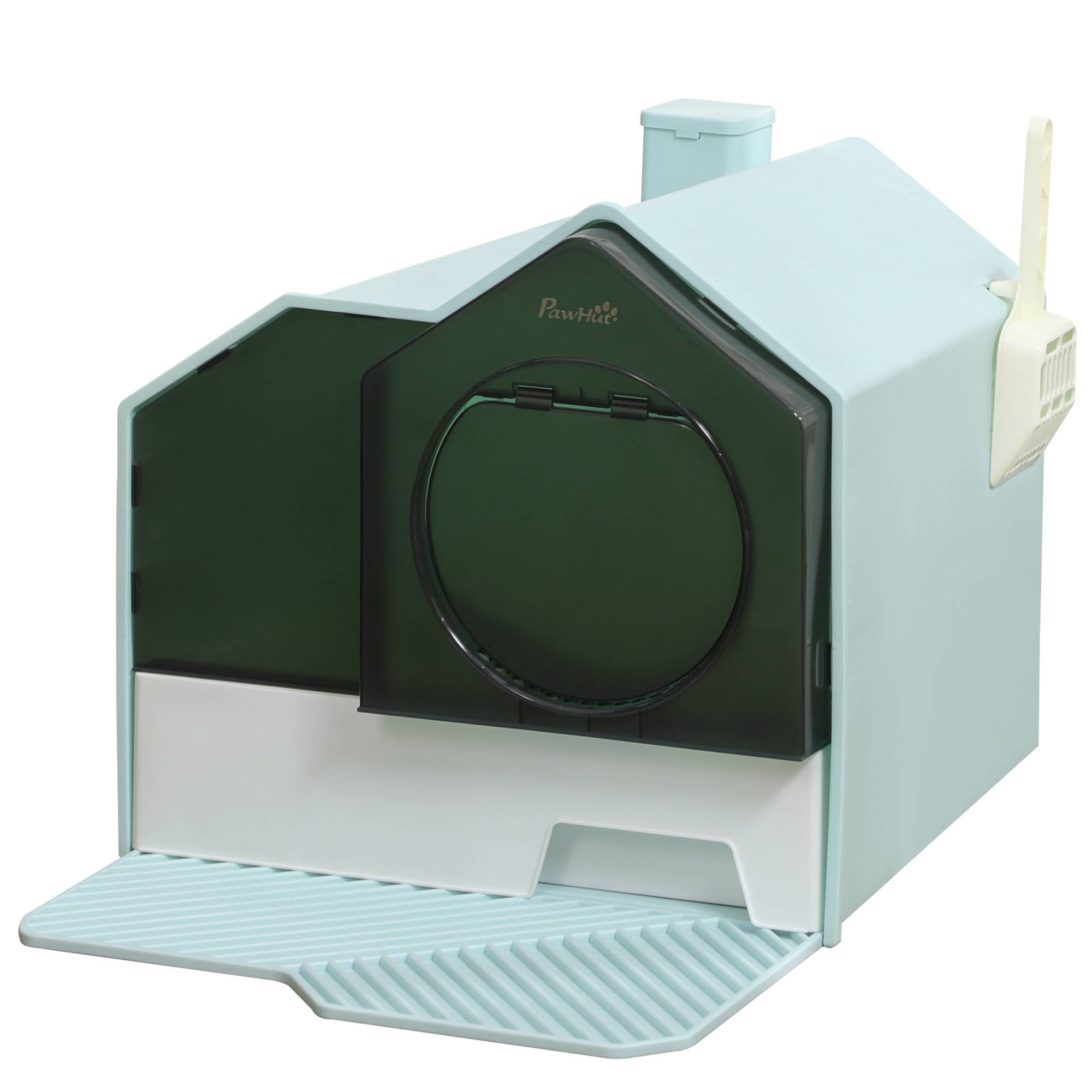 Bac à litière pour chat, design cabine, 1 tapis filtrant, 1 pelle à litière, bac de base amovible, vert et blanc - Image 2