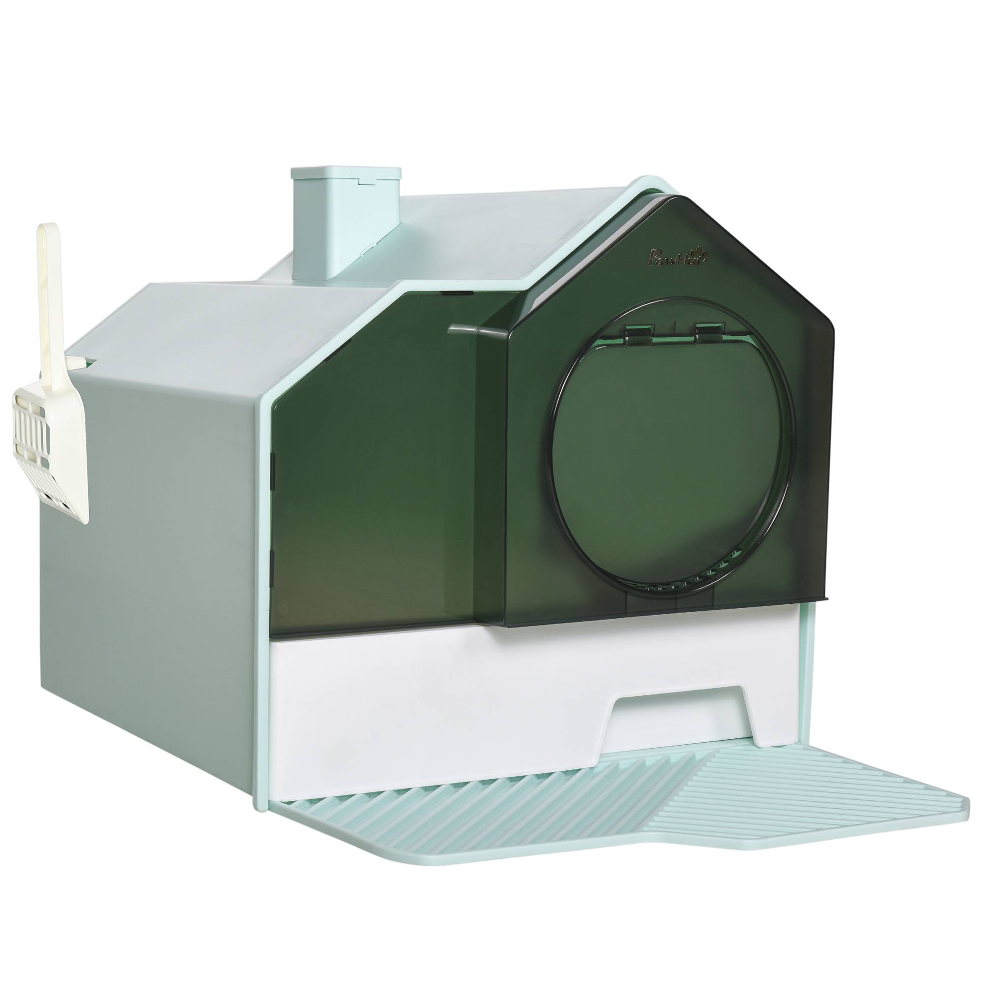 Bac à litière pour chat, design cabine, 1 tapis filtrant, 1 pelle à litière, bac de base amovible, vert et blanc - Image 1