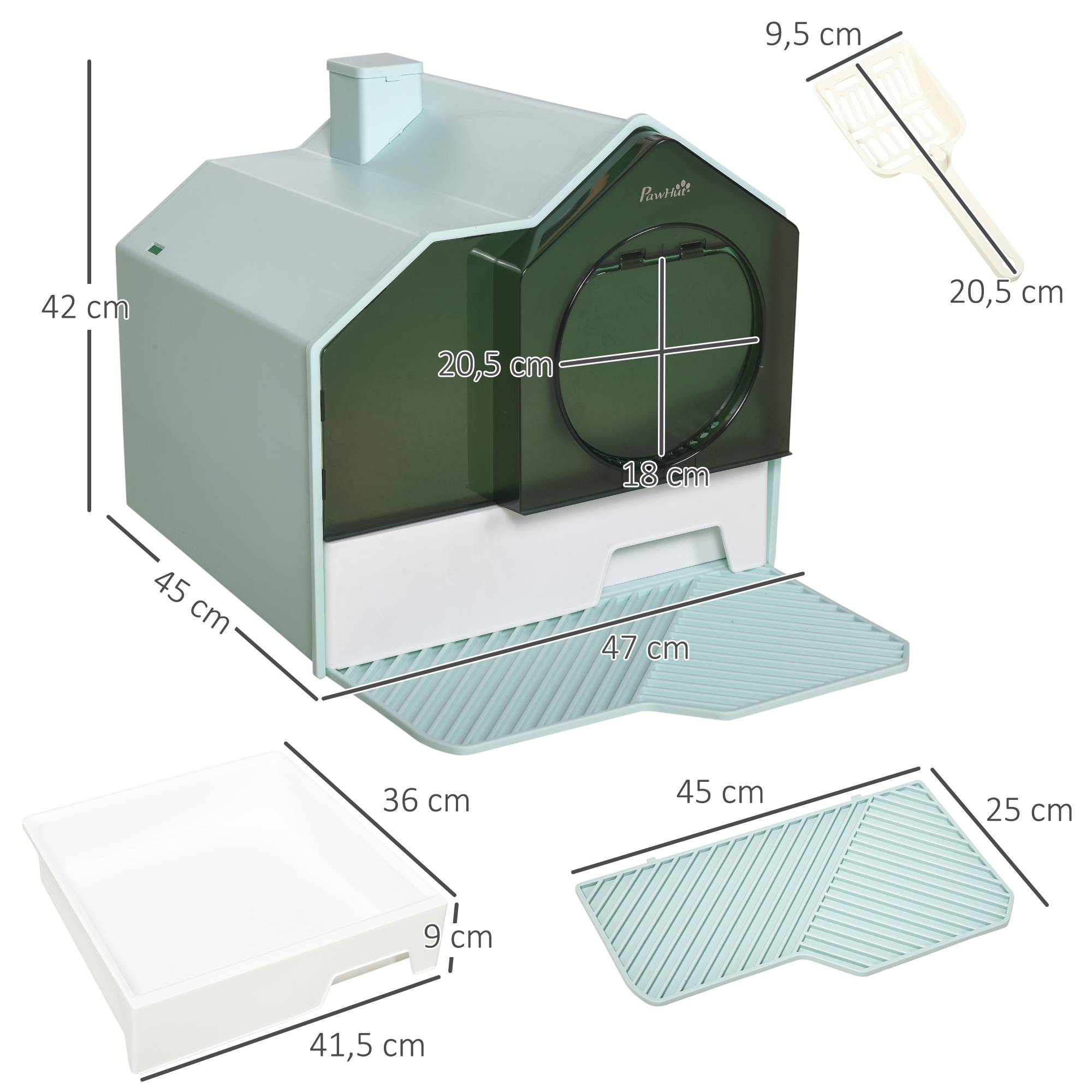 Bac à litière pour chat, design cabine, 1 tapis filtrant, 1 pelle à litière, bac de base amovible, vert et blanc - Image 5